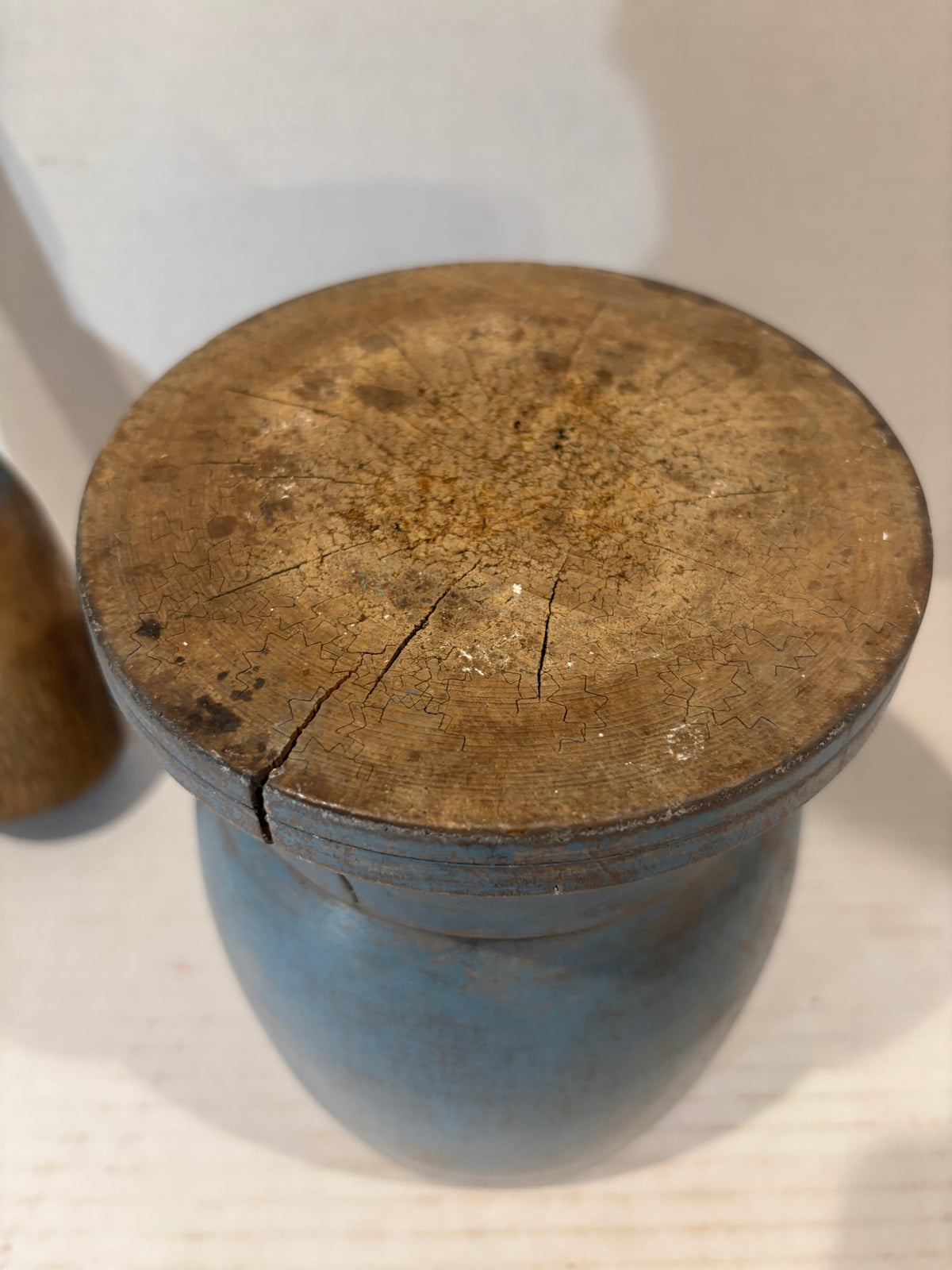 Exceptional Early American Blue-Painted Mortar and Pestle, Probably New England, c. 1820–1850.