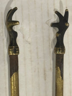 TWO RELATED GEORGIAN BRASS & IRON EMBER OR PIPE TONGS WITH HAND-FORM TERMINALS