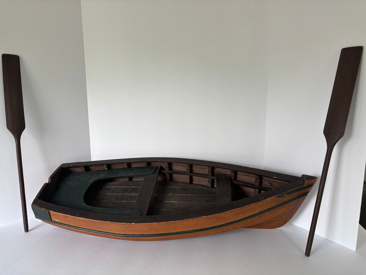 Large American Folk Art Plank-Built Fishing & Rowboat Model with Original Oars