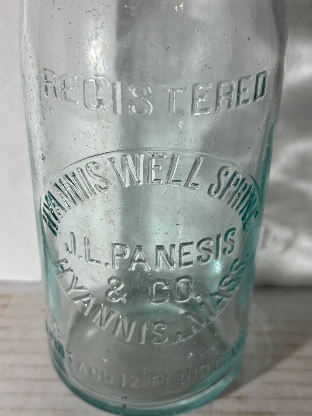 Rare Embossed Hyannis Well Spring Water Bottle
J. L. Panesis & Co., Hyannis, Massachusetts