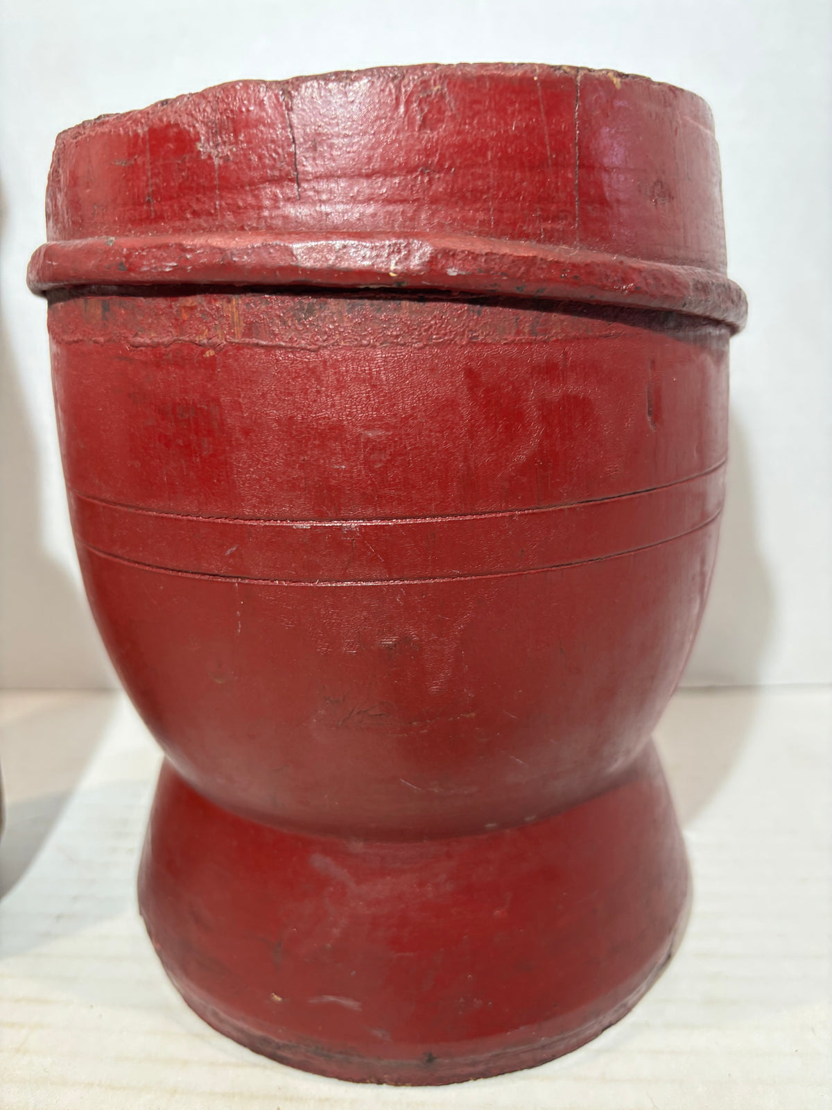 Exceptional Early New England Red-Painted Treenware Mortar and Pestle