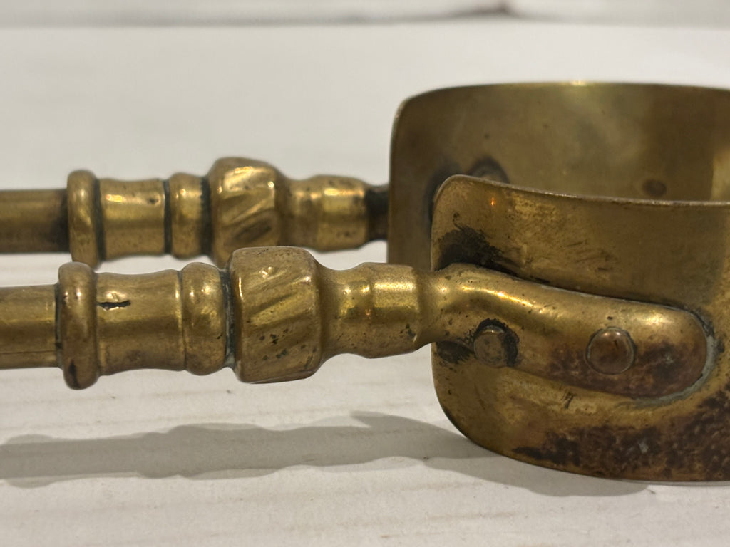 TWO RELATED GEORGIAN BRASS & IRON EMBER OR PIPE TONGS WITH HAND-FORM TERMINALS
