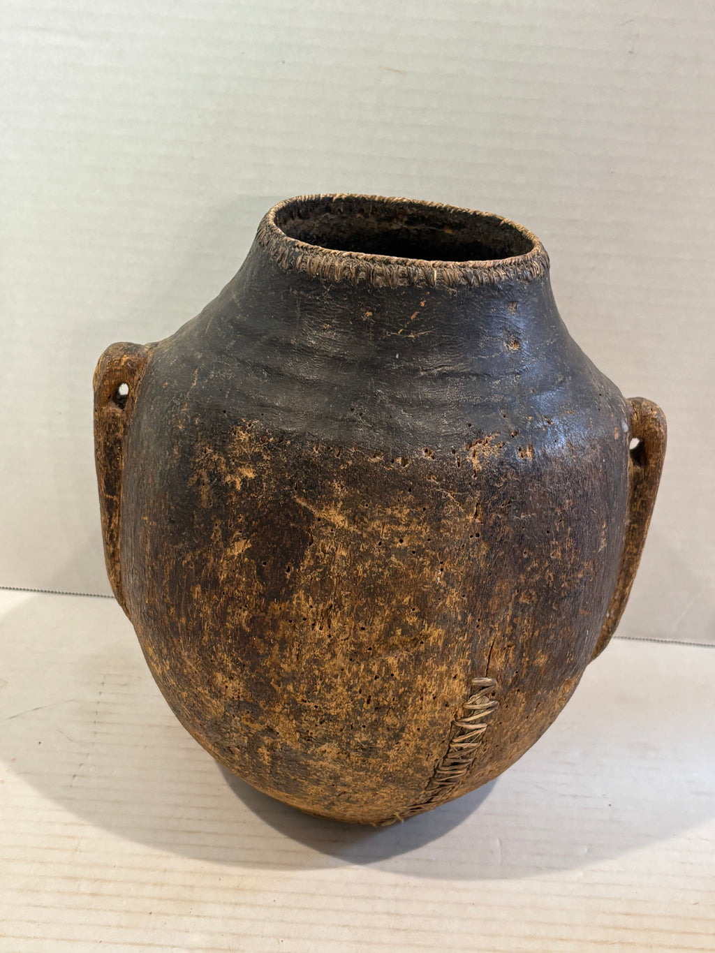 East African Carved & Fiber-Bound Wood Vessel