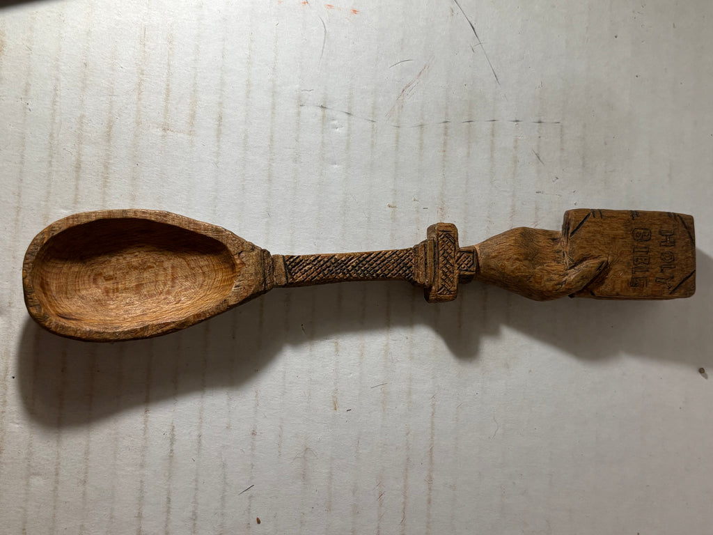 Rare 19th-Century European Folk Art Carved Treen Religious Spoon — Hand Holding the Holy Bible