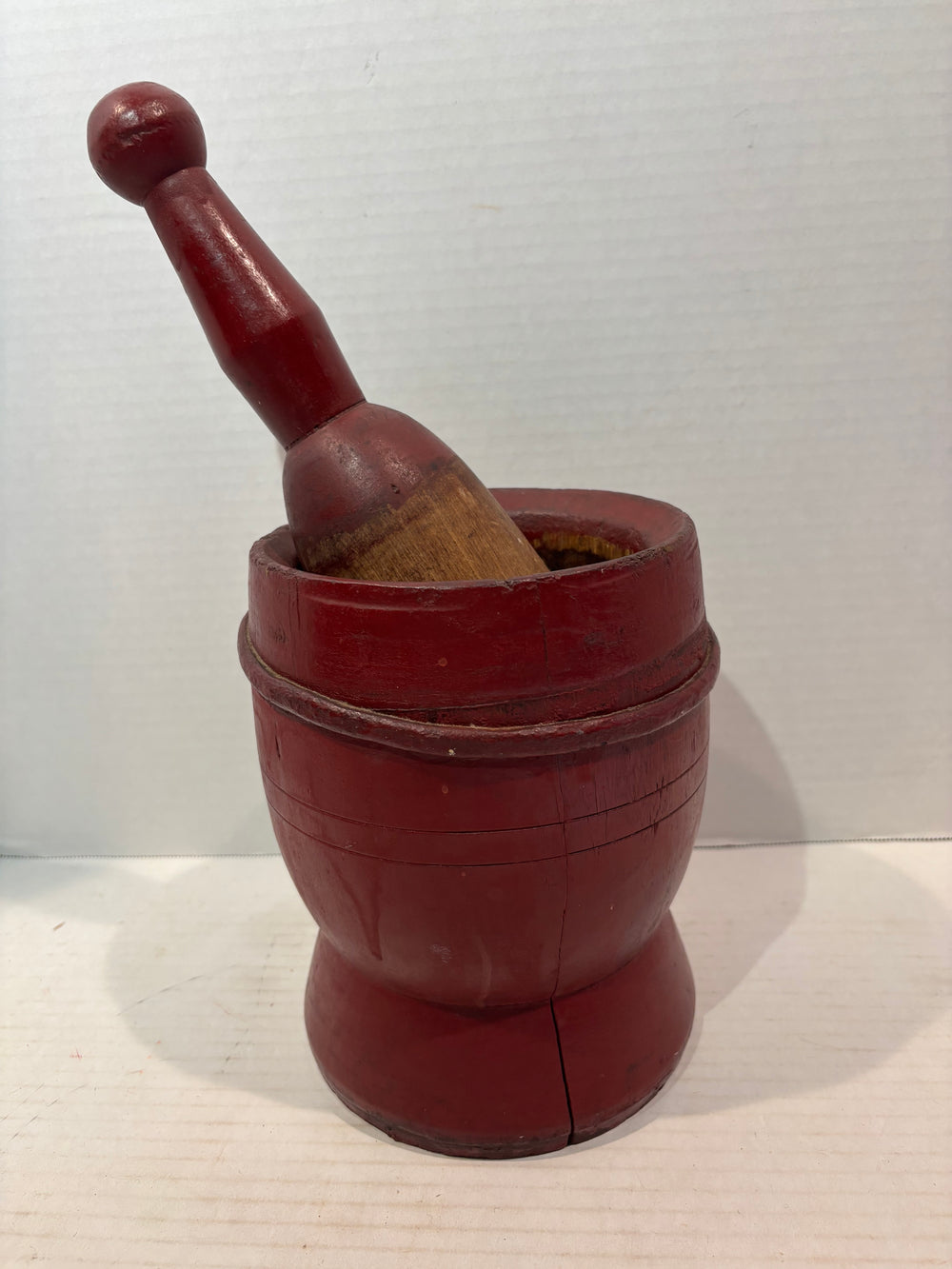 Exceptional Early New England Red-Painted Treenware Mortar and Pestle
