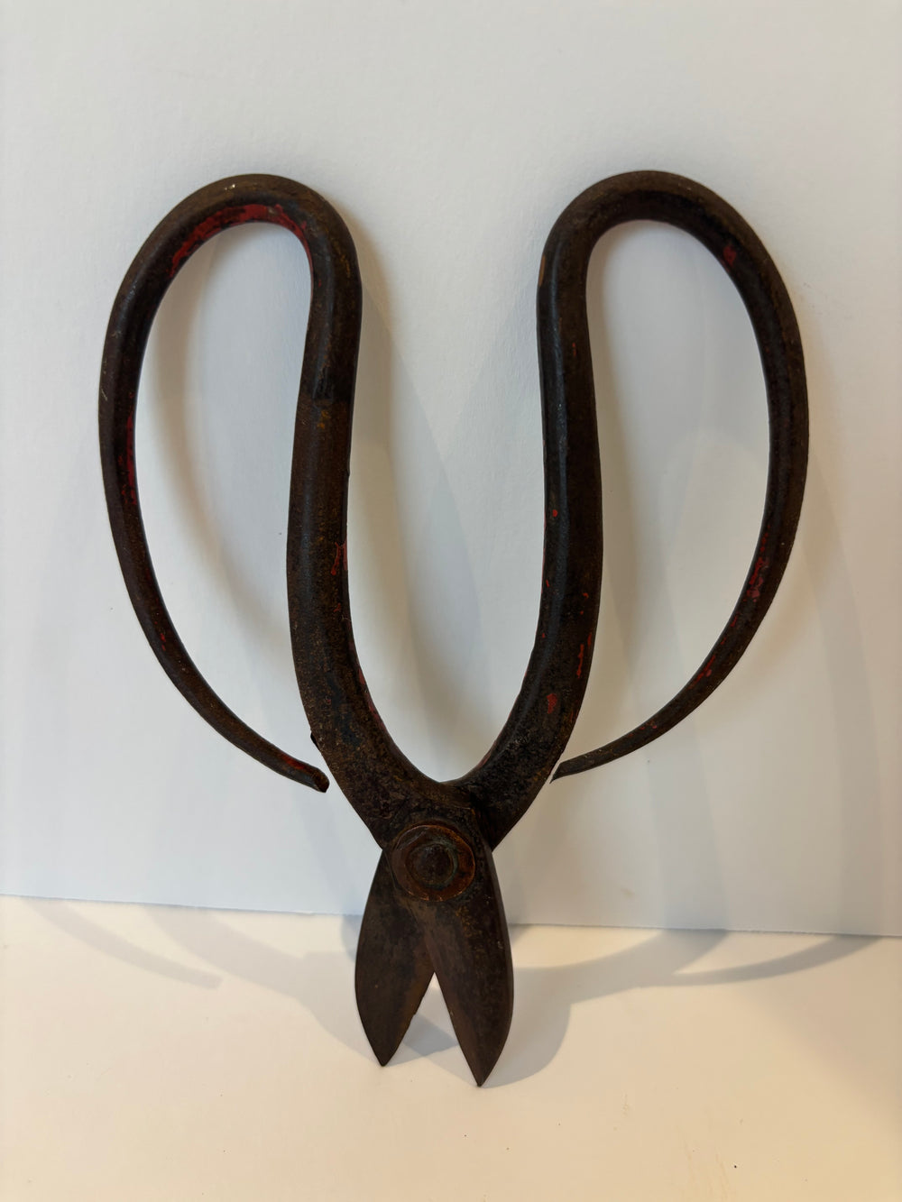 Exceptional Early Wrought-Iron Scissors with Exaggerated Open-Loop Handles and Old Red Paint