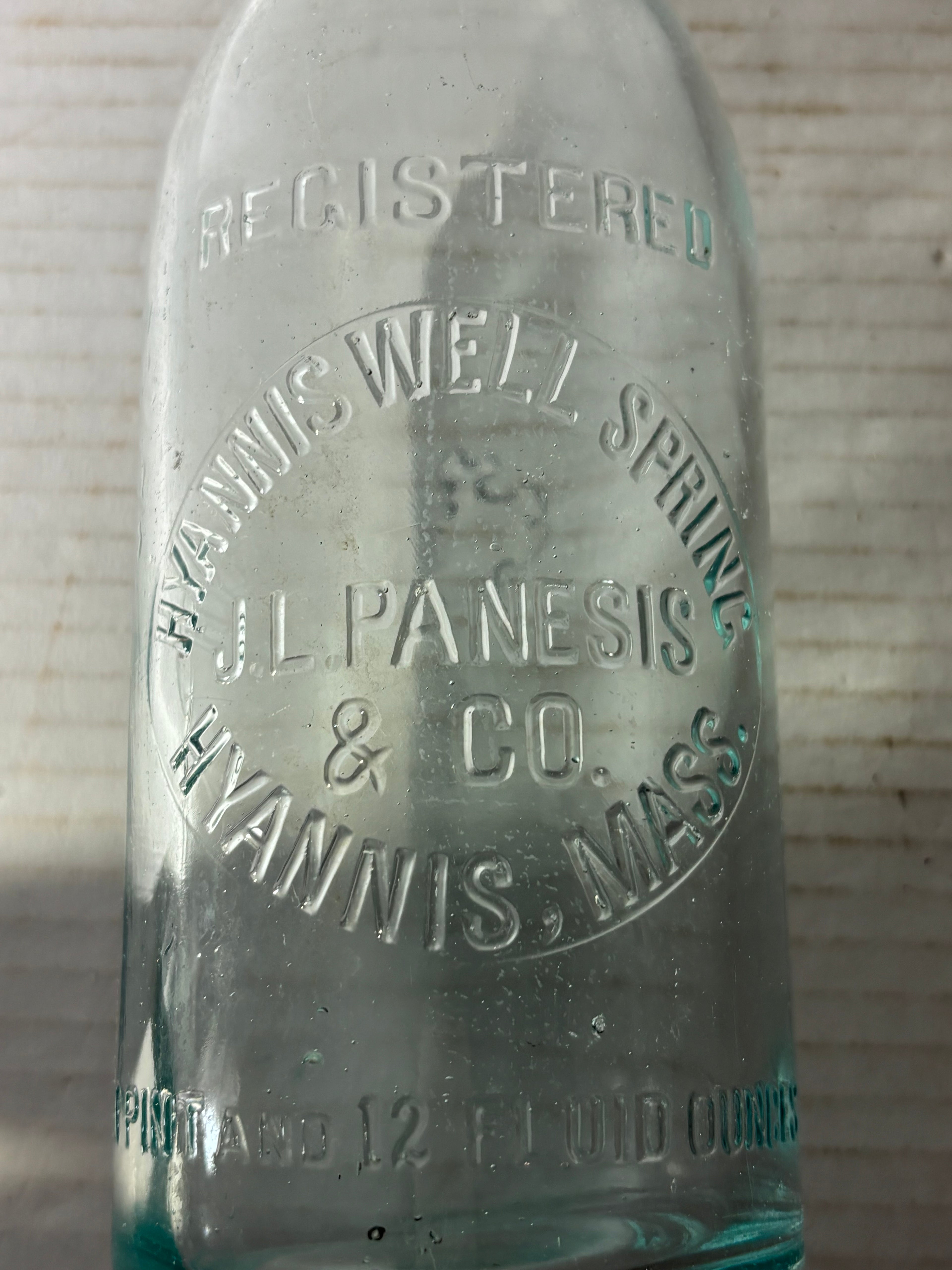 Rare Embossed Hyannis Well Spring Water Bottle
J. L. Panesis & Co., Hyannis, Massachusetts