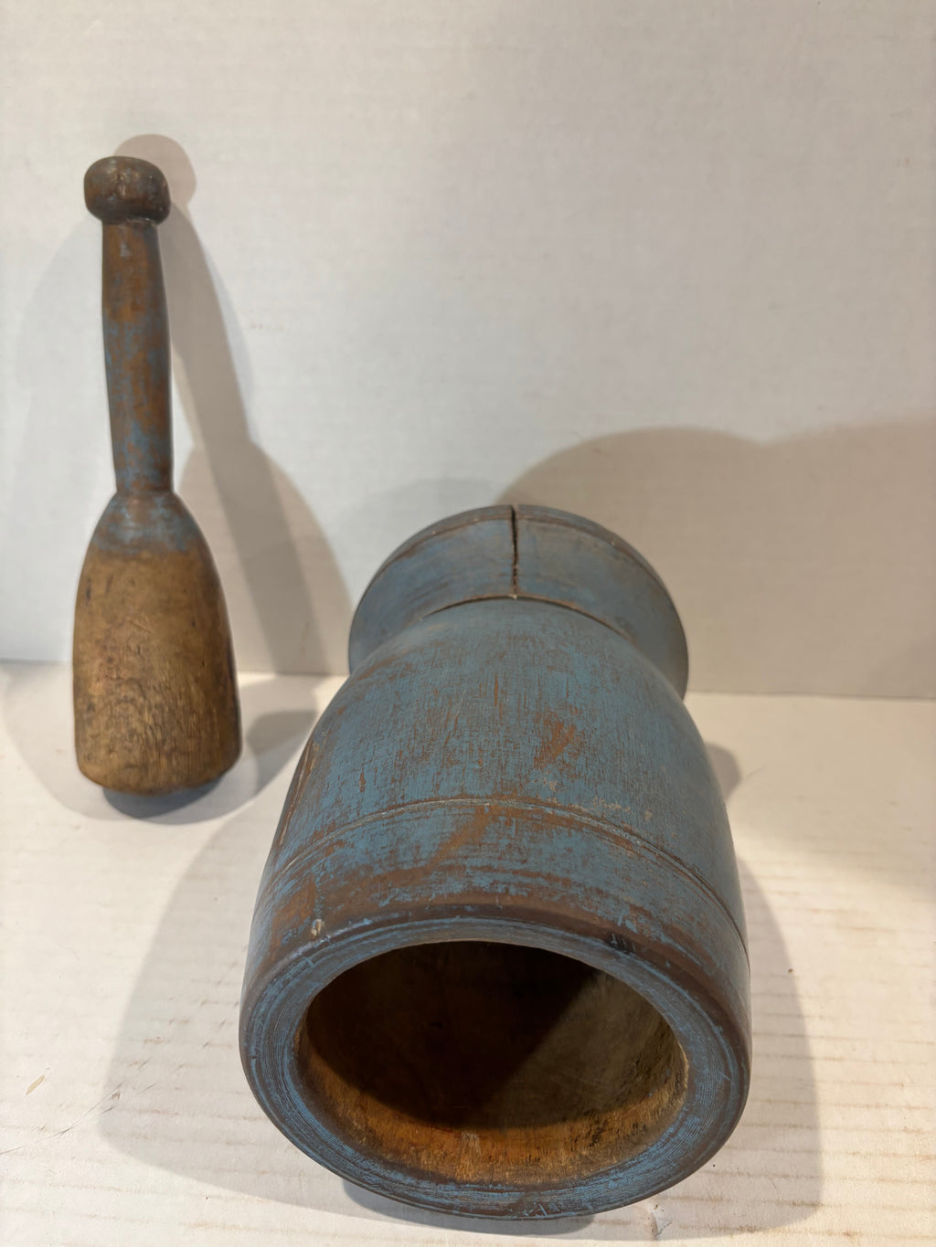 Exceptional Early American Blue-Painted Mortar and Pestle, Probably New England, c. 1820–1850.