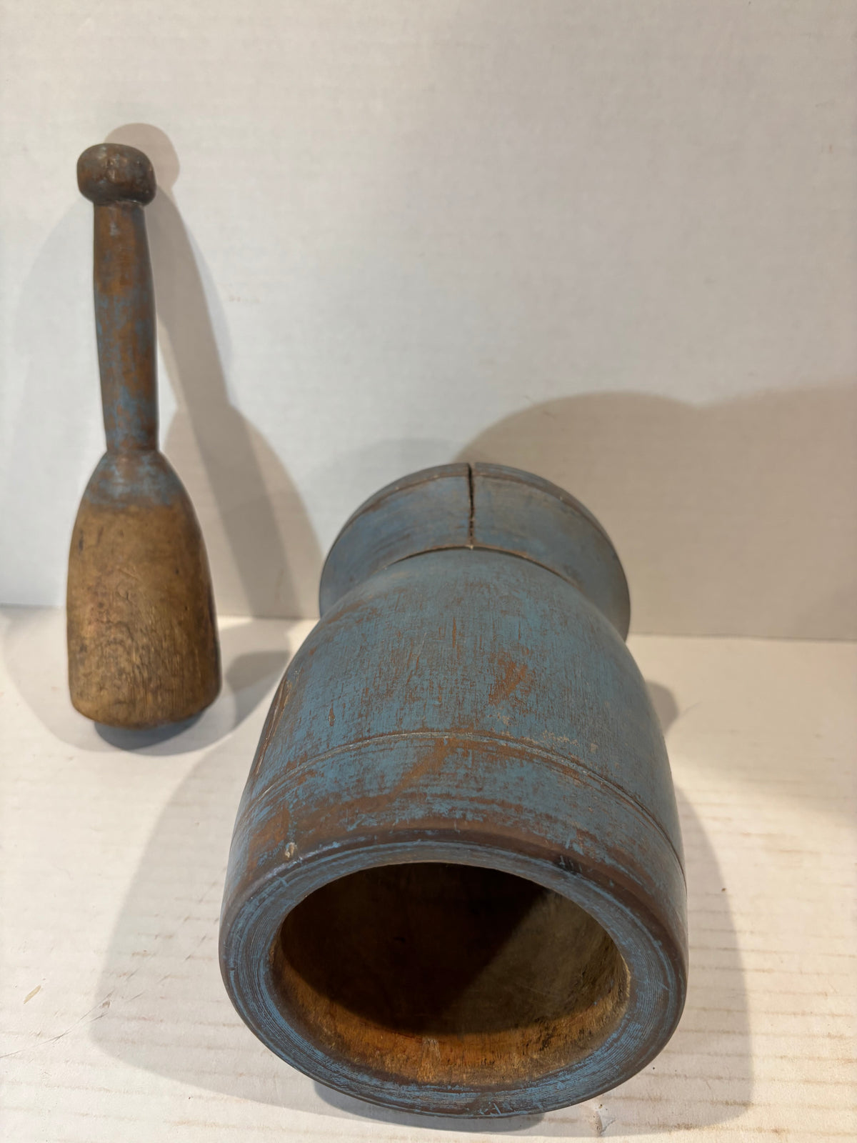 Exceptional Early American Blue-Painted Mortar and Pestle, Probably New England, c. 1820–1850.