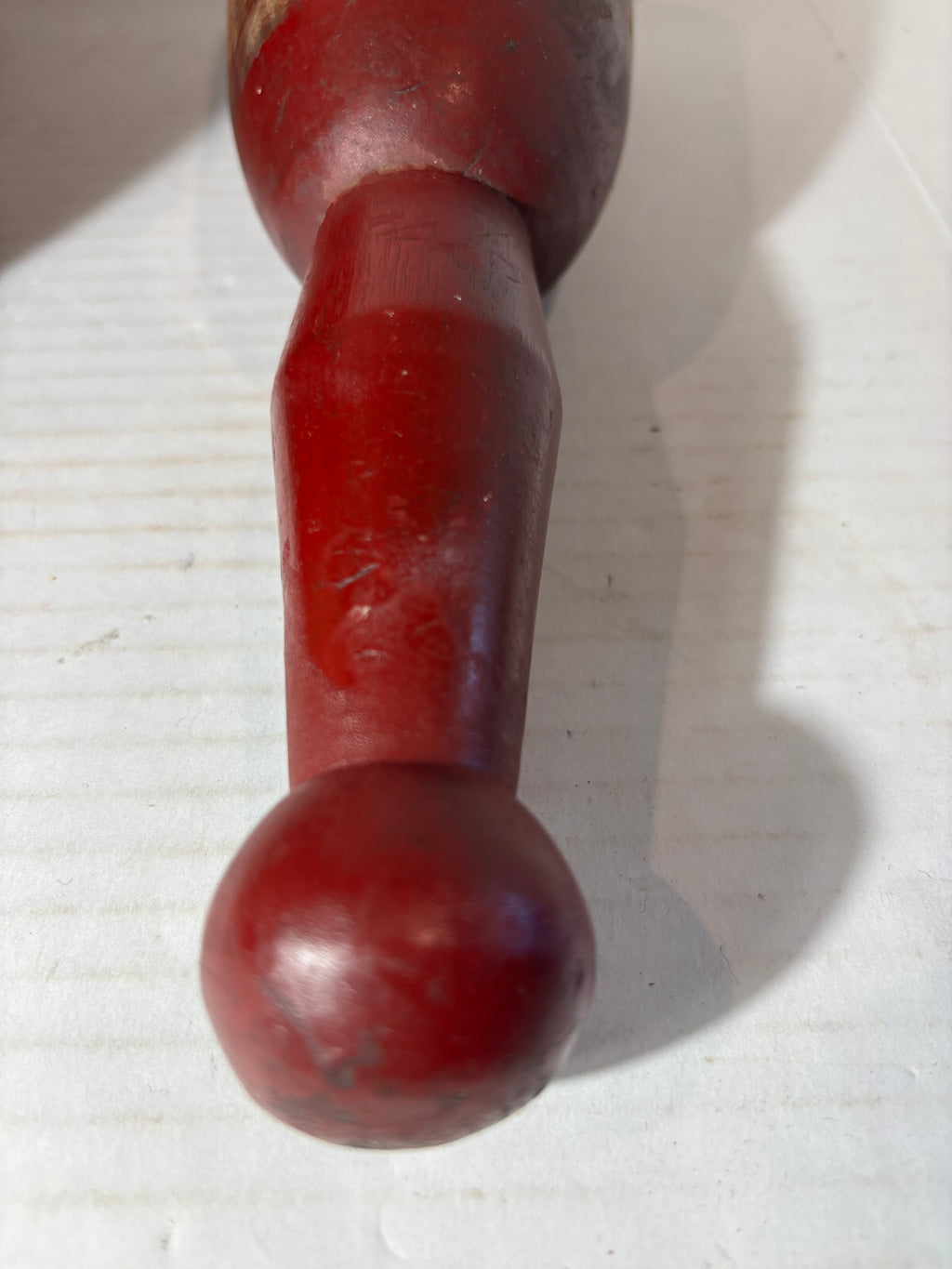 Exceptional Early New England Red-Painted Treenware Mortar and Pestle