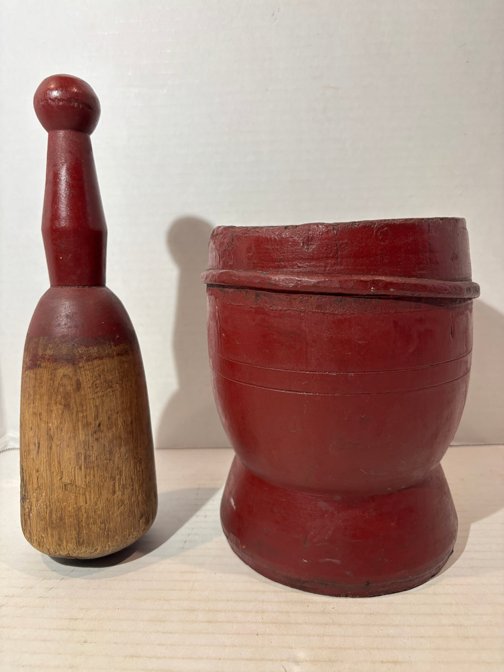Exceptional Early New England Red-Painted Treenware Mortar and Pestle