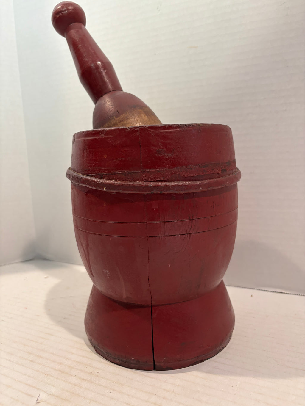 Exceptional Early New England Red-Painted Treenware Mortar and Pestle