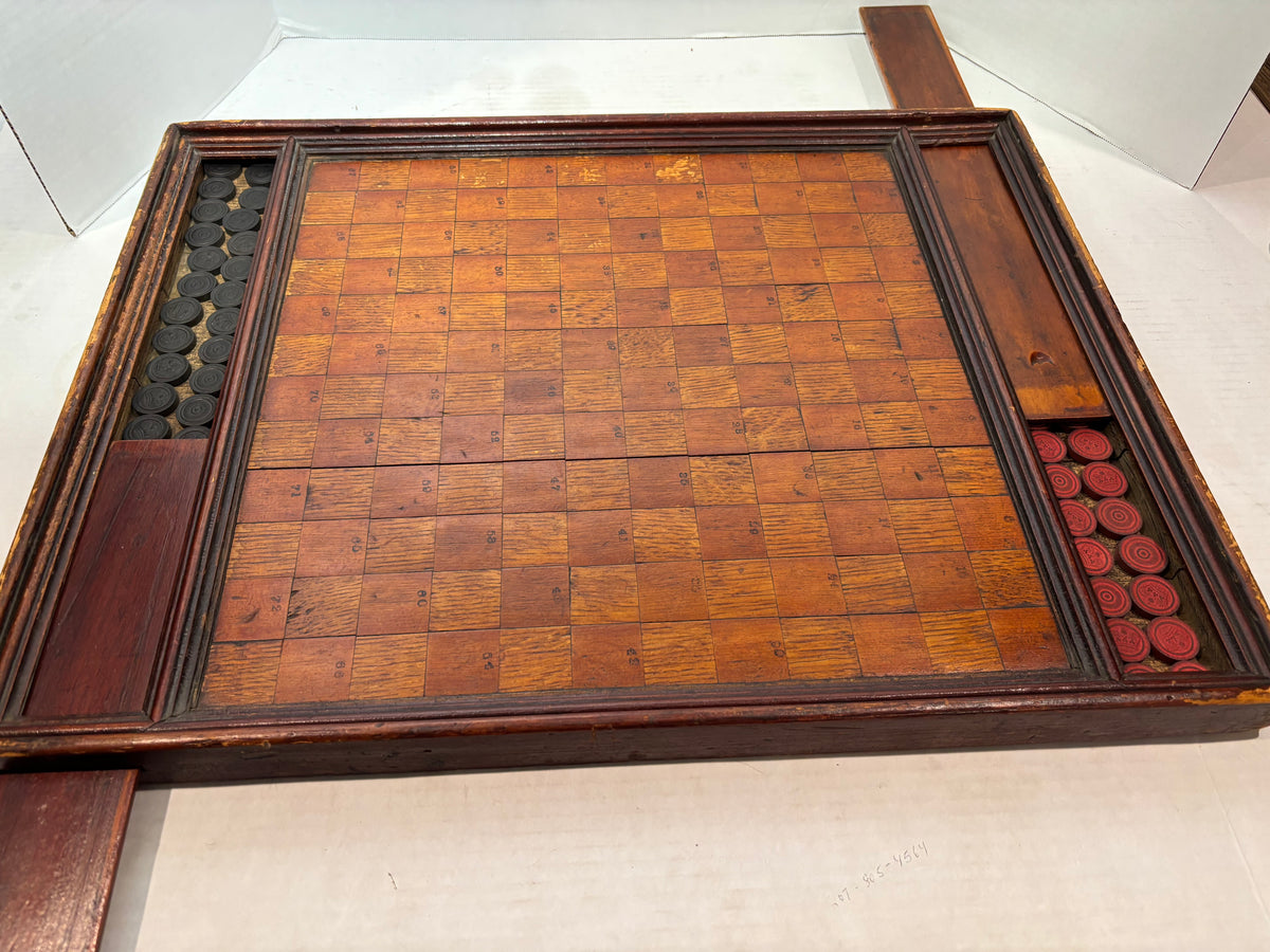 Exceptional 19th-Century Canadian Folk Art Parquetry Checkerboard with Original Playing Pieces