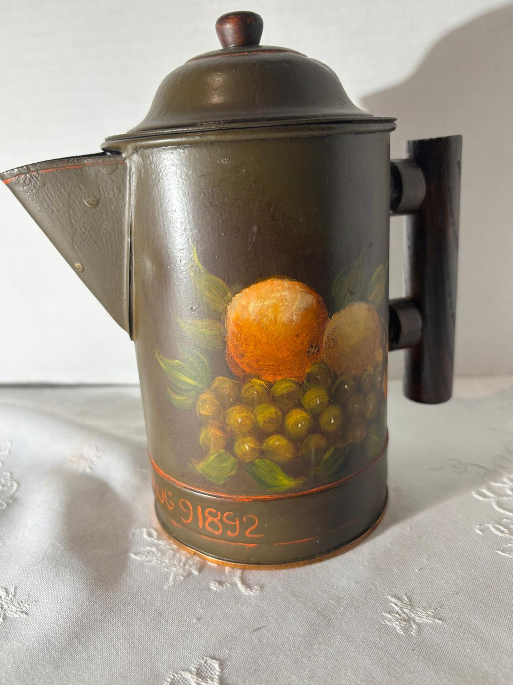 American Painted Tole Coffee Pot, Dated 1892