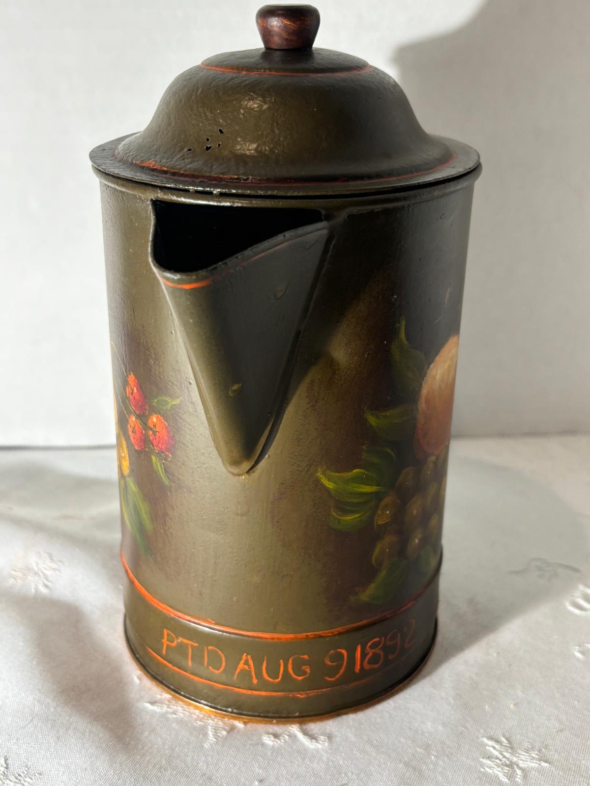 American Painted Tole Coffee Pot, Dated 1892