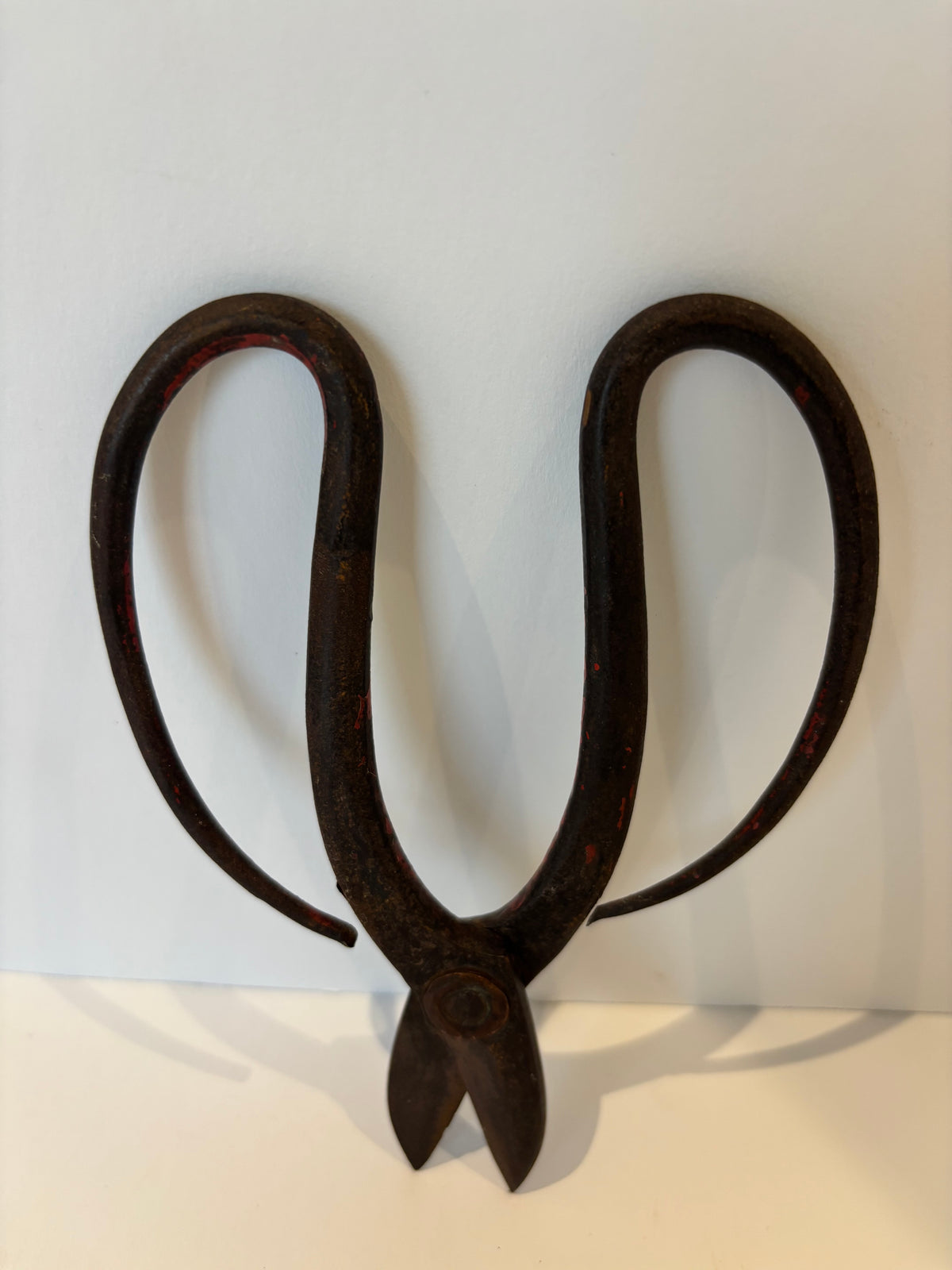 Exceptional Early Wrought-Iron Scissors with Exaggerated Open-Loop Handles and Old Red Paint