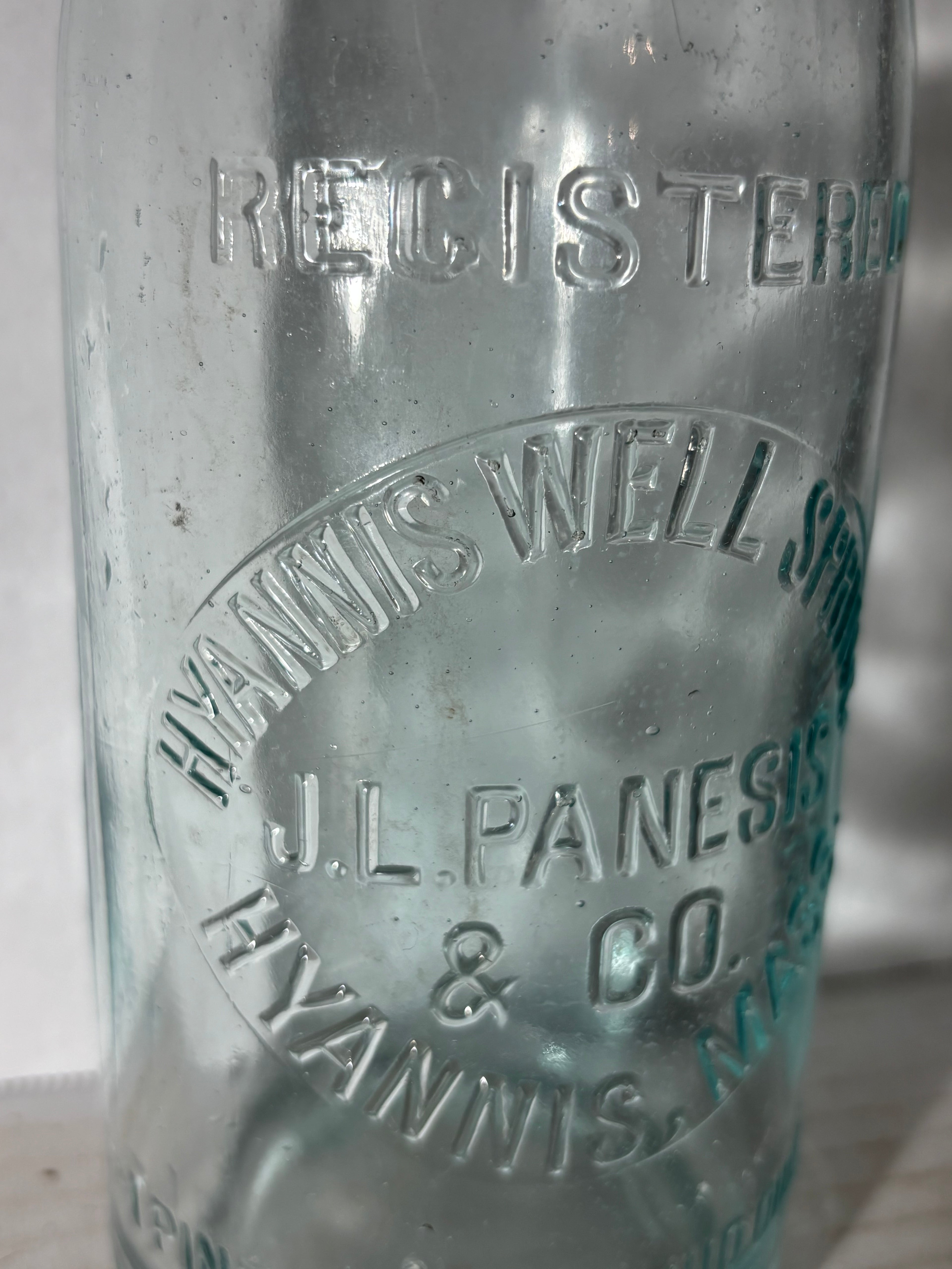 Rare Embossed Hyannis Well Spring Water Bottle
J. L. Panesis & Co., Hyannis, Massachusetts
