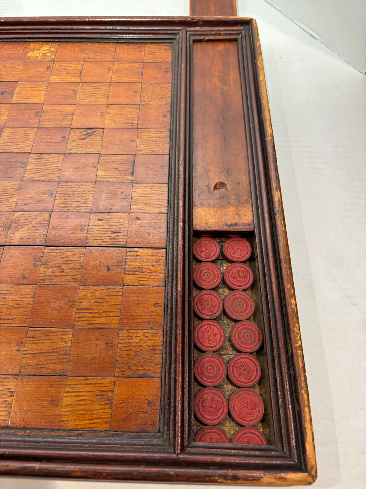 Exceptional 19th-Century Canadian Folk Art Parquetry Checkerboard with Original Playing Pieces