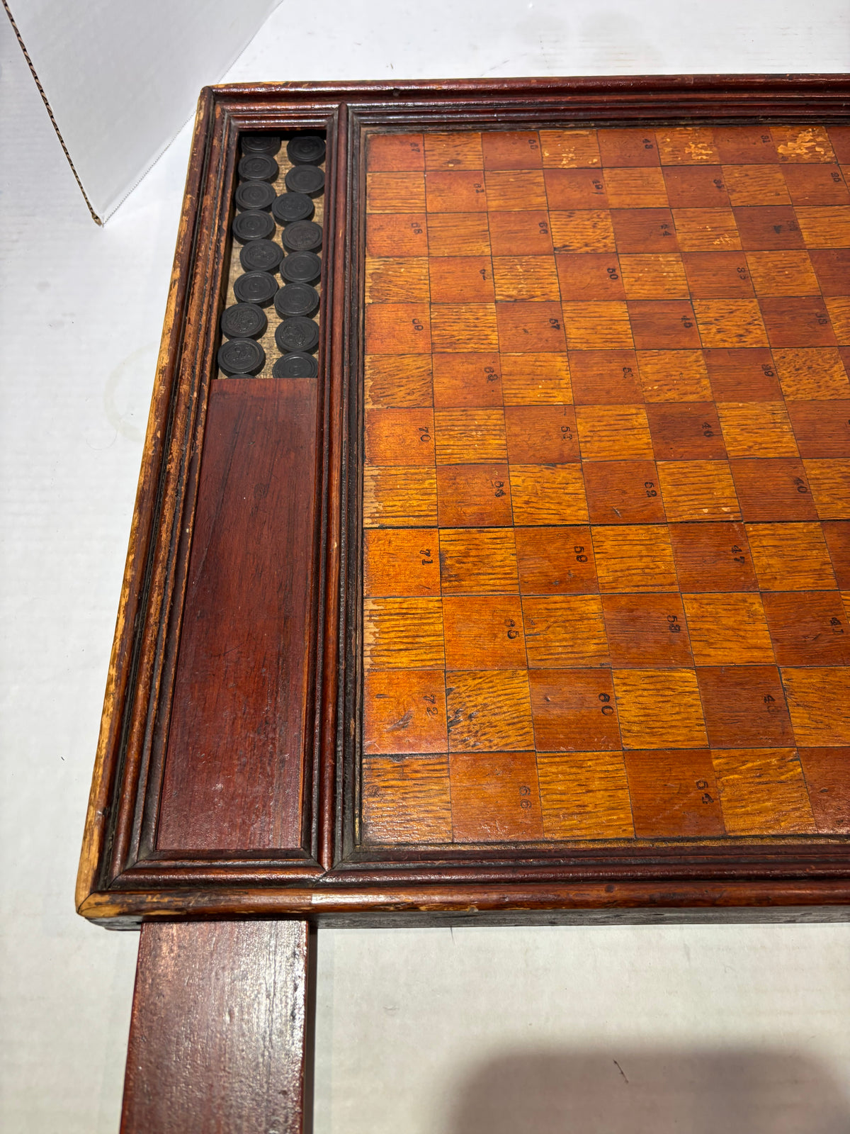 Exceptional 19th-Century Canadian Folk Art Parquetry Checkerboard with Original Playing Pieces