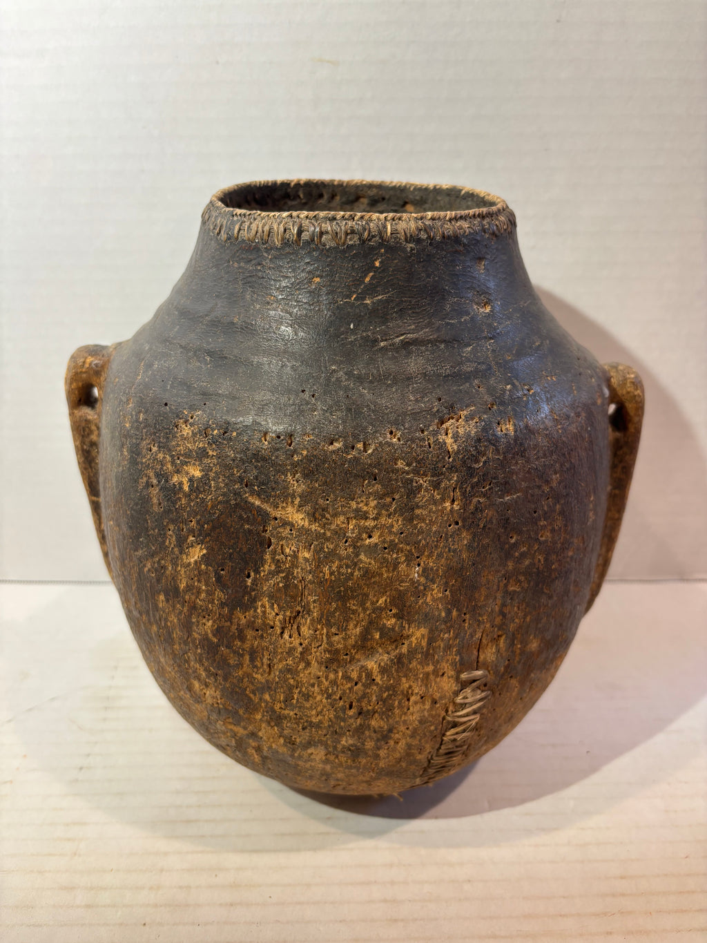 East African Carved & Fiber-Bound Wood Vessel
