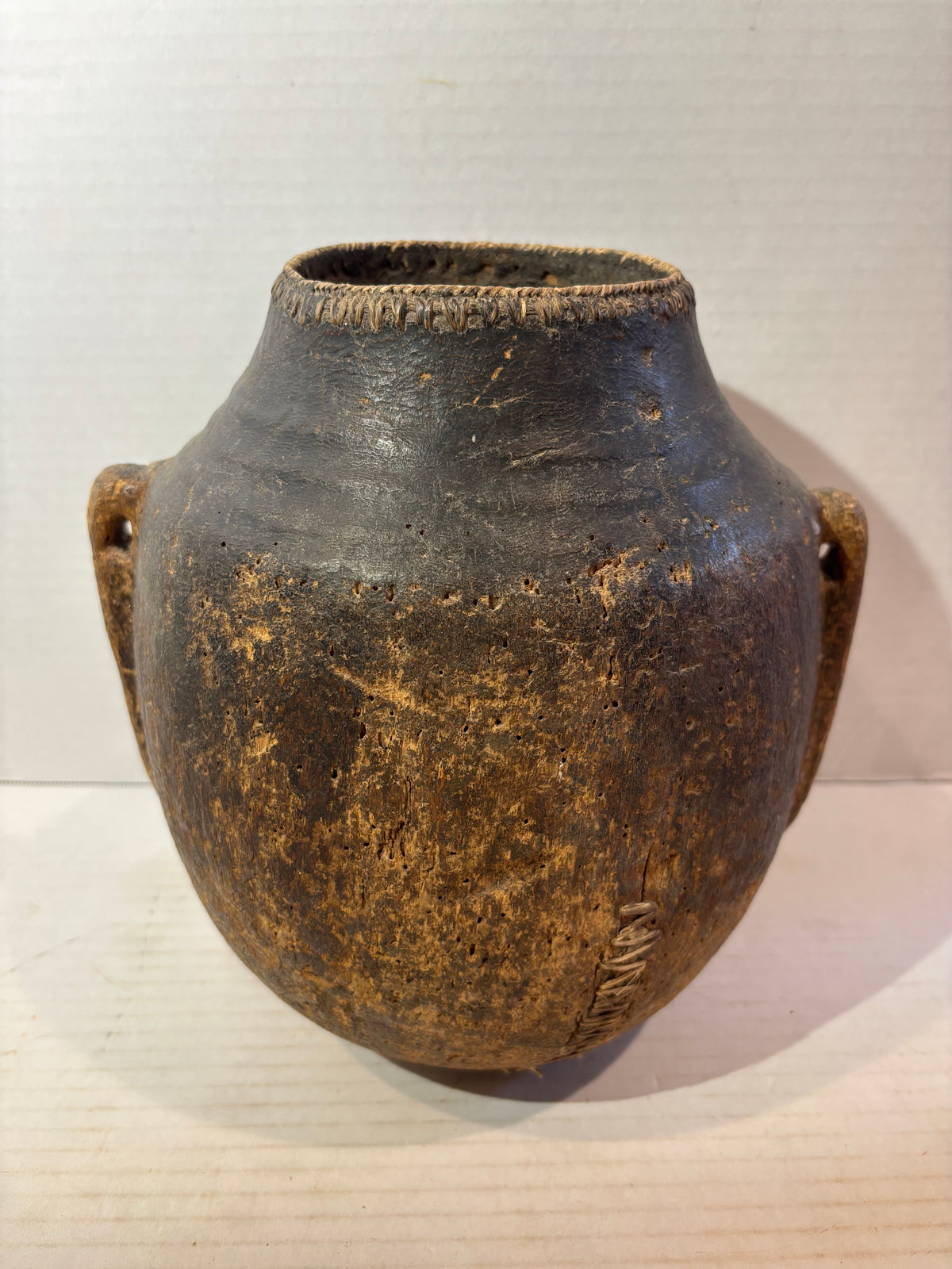 East African Carved & Fiber-Bound Wood Vessel