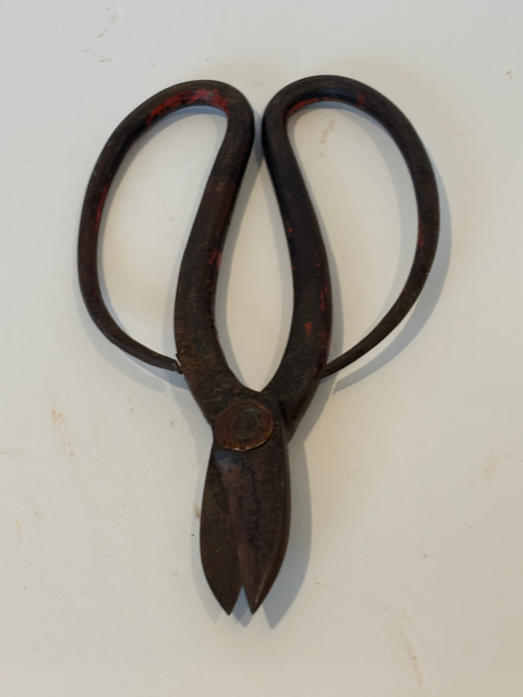 Exceptional Early Wrought-Iron Scissors with Exaggerated Open-Loop Handles and Old Red Paint