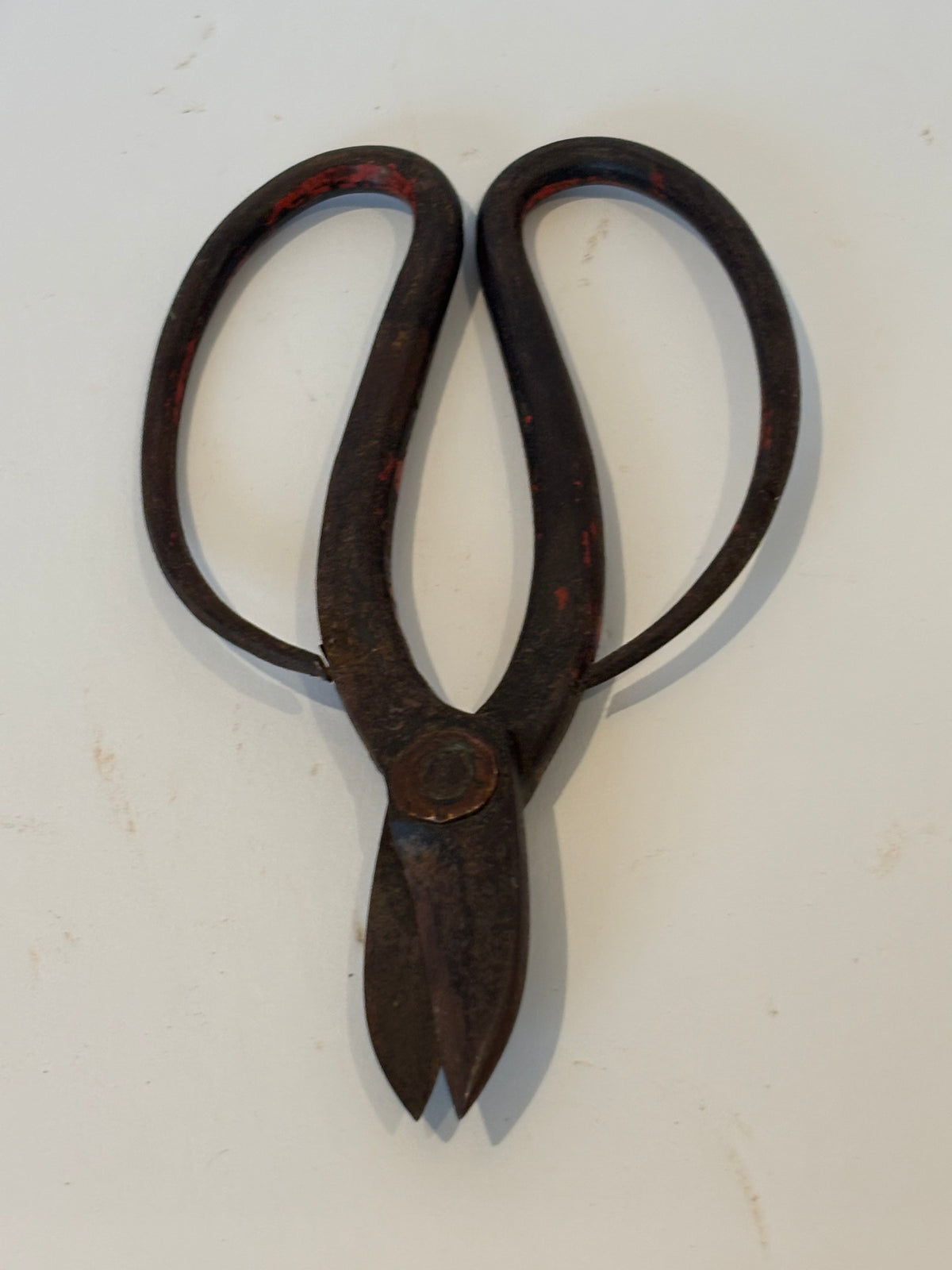 Exceptional Early Wrought-Iron Scissors with Exaggerated Open-Loop Handles and Old Red Paint