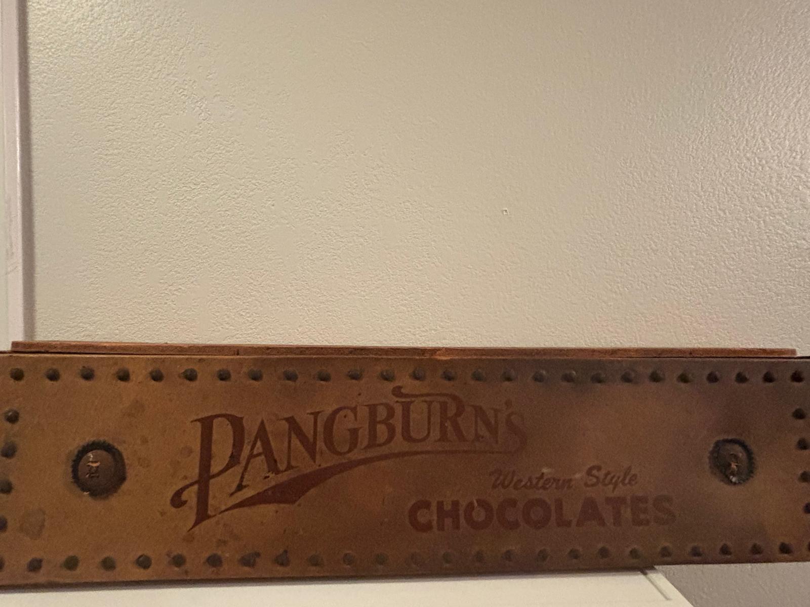 Rare Pangburn’s Chocolates double-sided leather trade sign, Fort Worth, Texas, circa 1915–1925.