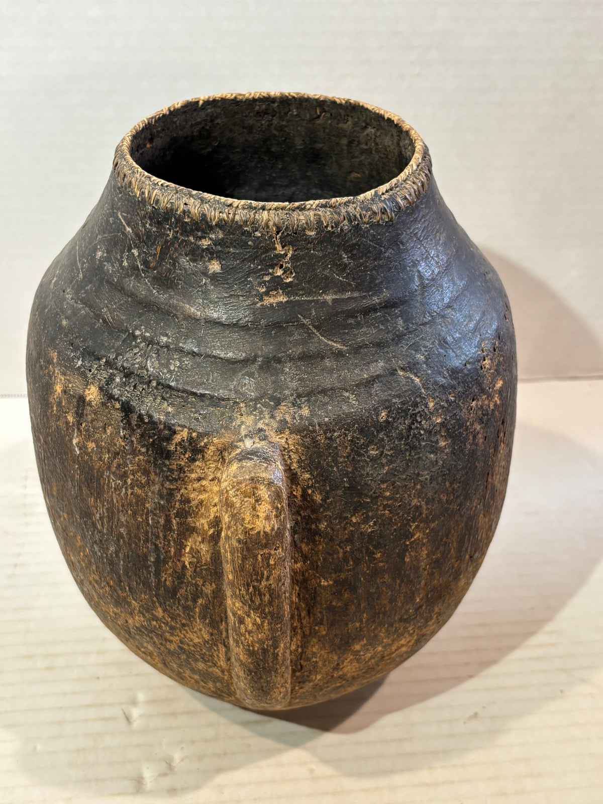 East African Carved & Fiber-Bound Wood Vessel