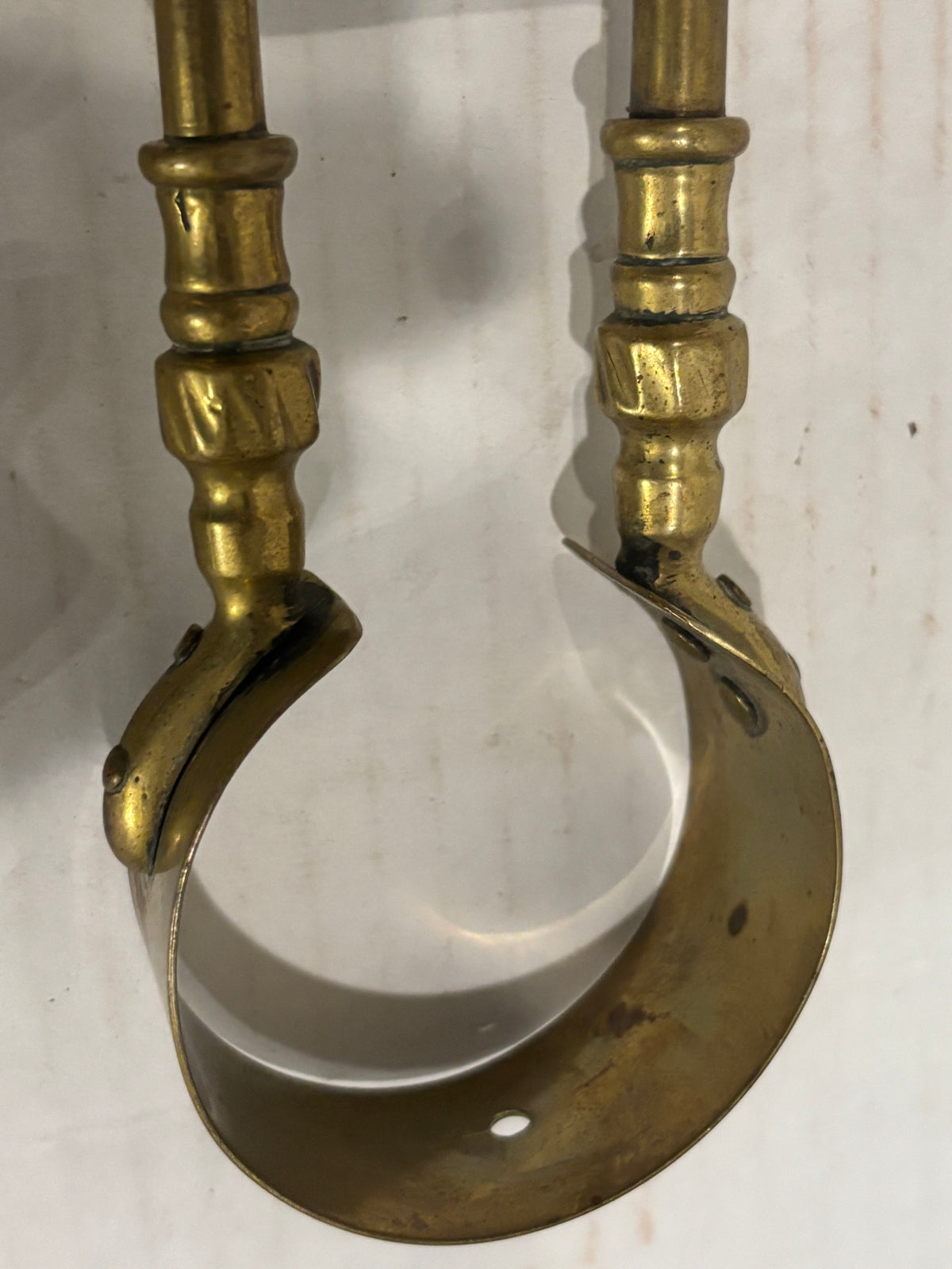 TWO RELATED GEORGIAN BRASS & IRON EMBER OR PIPE TONGS WITH HAND-FORM TERMINALS