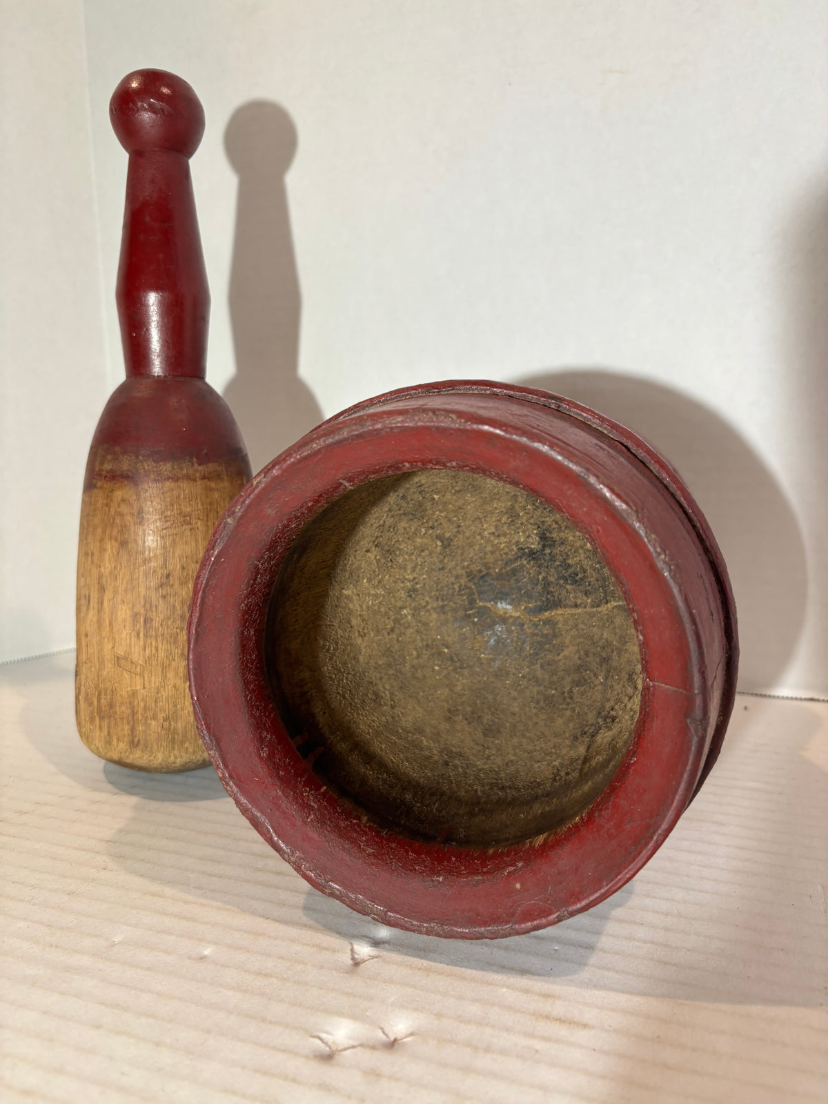 Exceptional Early New England Red-Painted Treenware Mortar and Pestle
