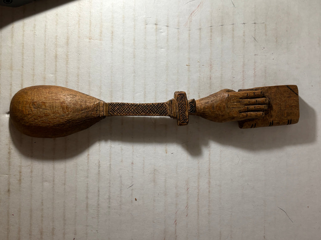 Rare 19th-Century European Folk Art Carved Treen Religious Spoon — Hand Holding the Holy Bible