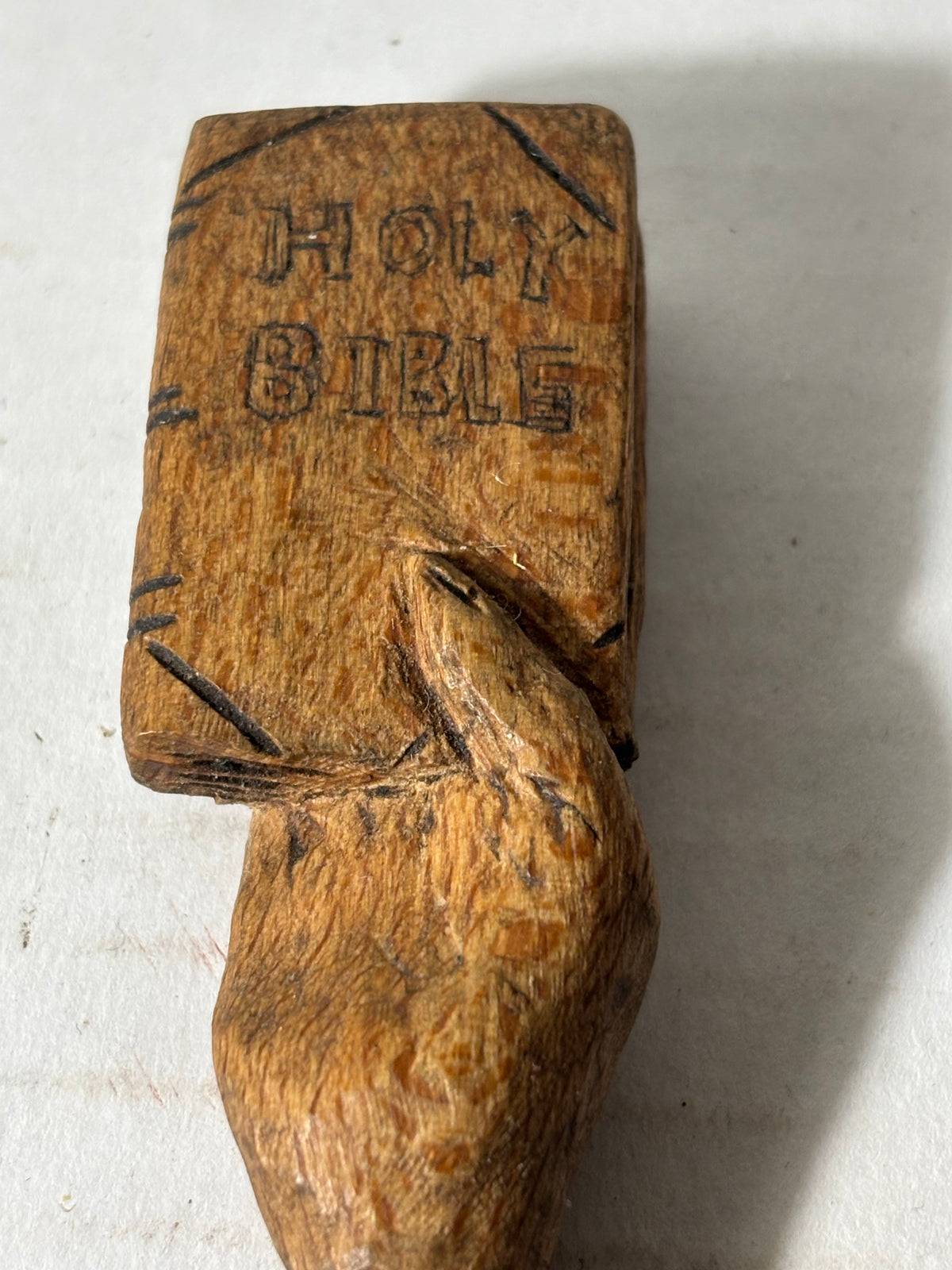 Rare 19th-Century European Folk Art Carved Treen Religious Spoon — Hand Holding the Holy Bible