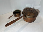 Exceptional Pair of Early French Dovetailed Copper Saucepans with Heart-Shaped Handle Mounts