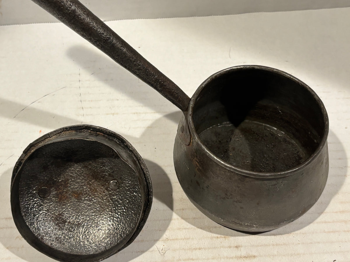 American Tinned Iron Covered Pipkin or Sauce Pot with Forged Handle American, circa 1840–1870.
