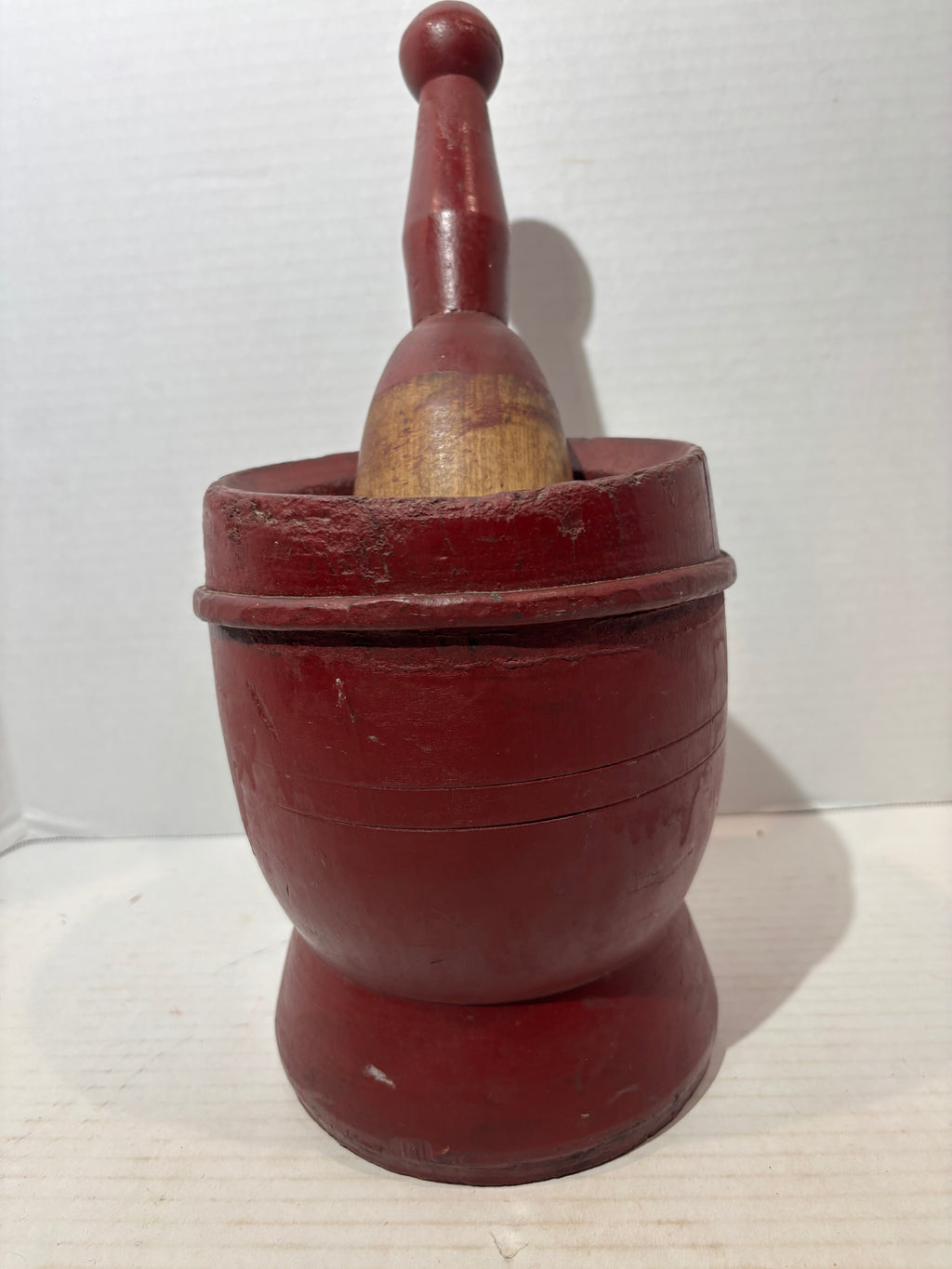 Exceptional Early New England Red-Painted Treenware Mortar and Pestle