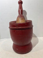 Exceptional Early New England Red-Painted Treenware Mortar and Pestle