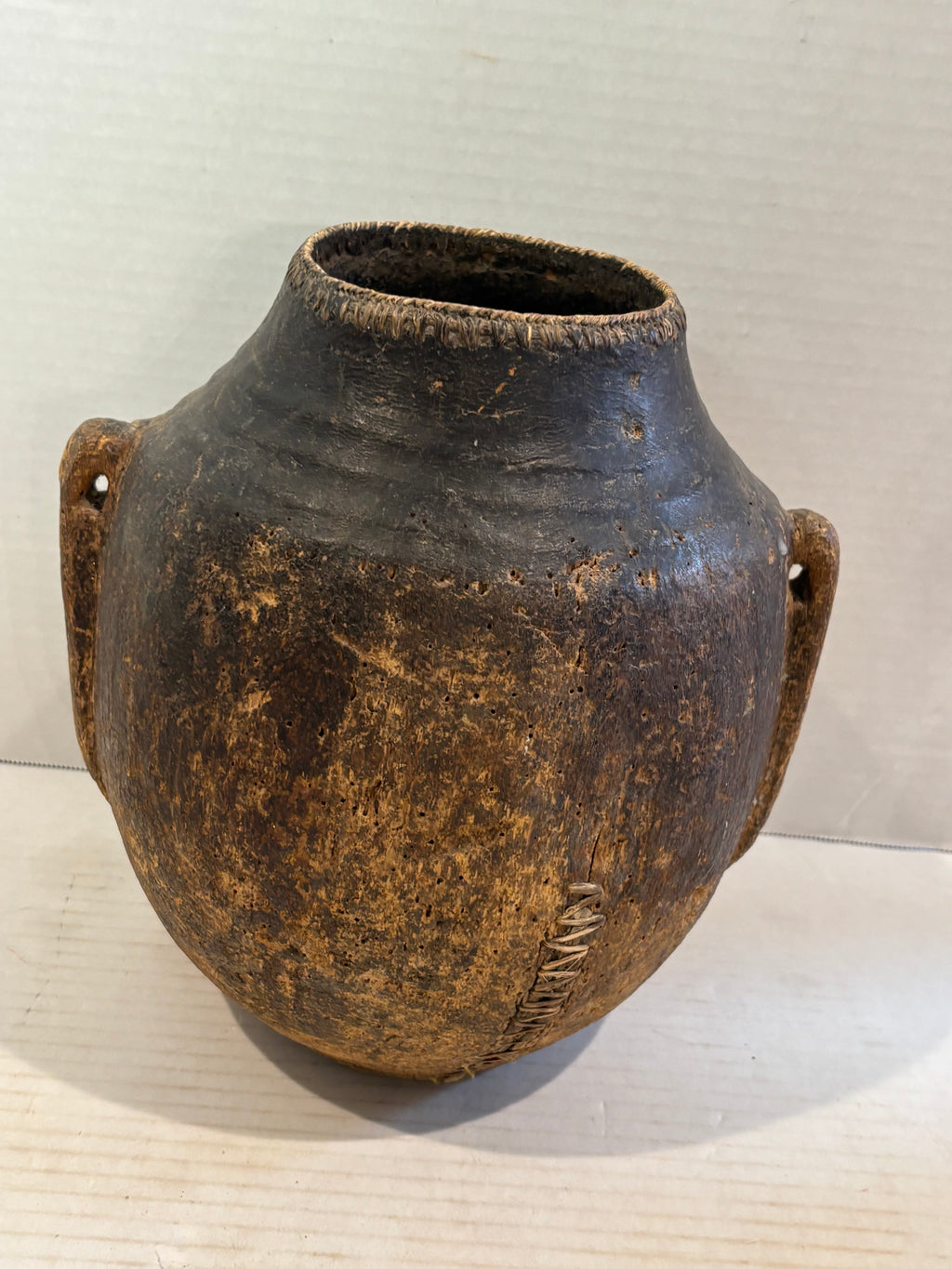 East African Carved & Fiber-Bound Wood Vessel
