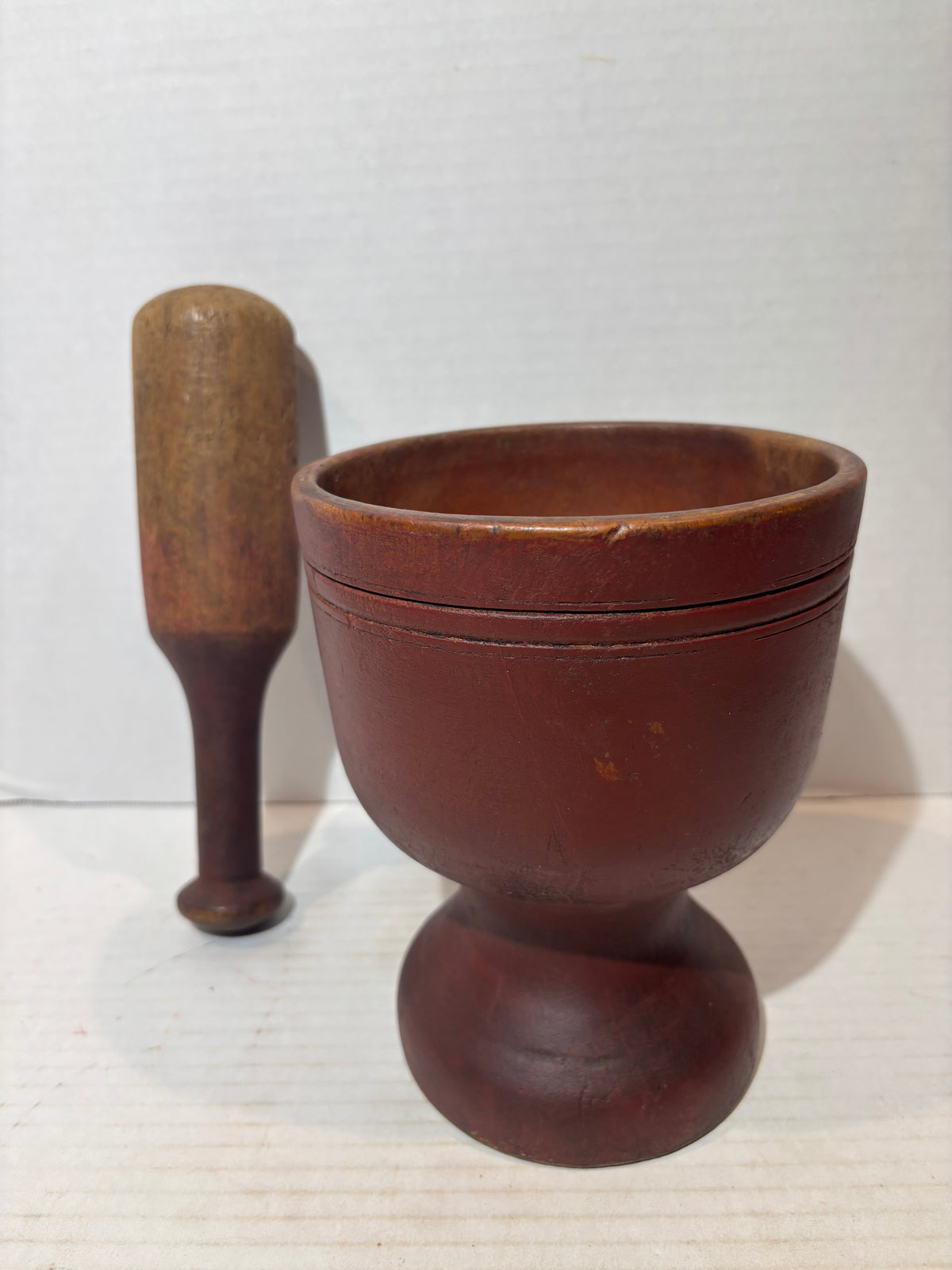 Early New England Red-Painted Mortar & Pestle Circa 1800–1830