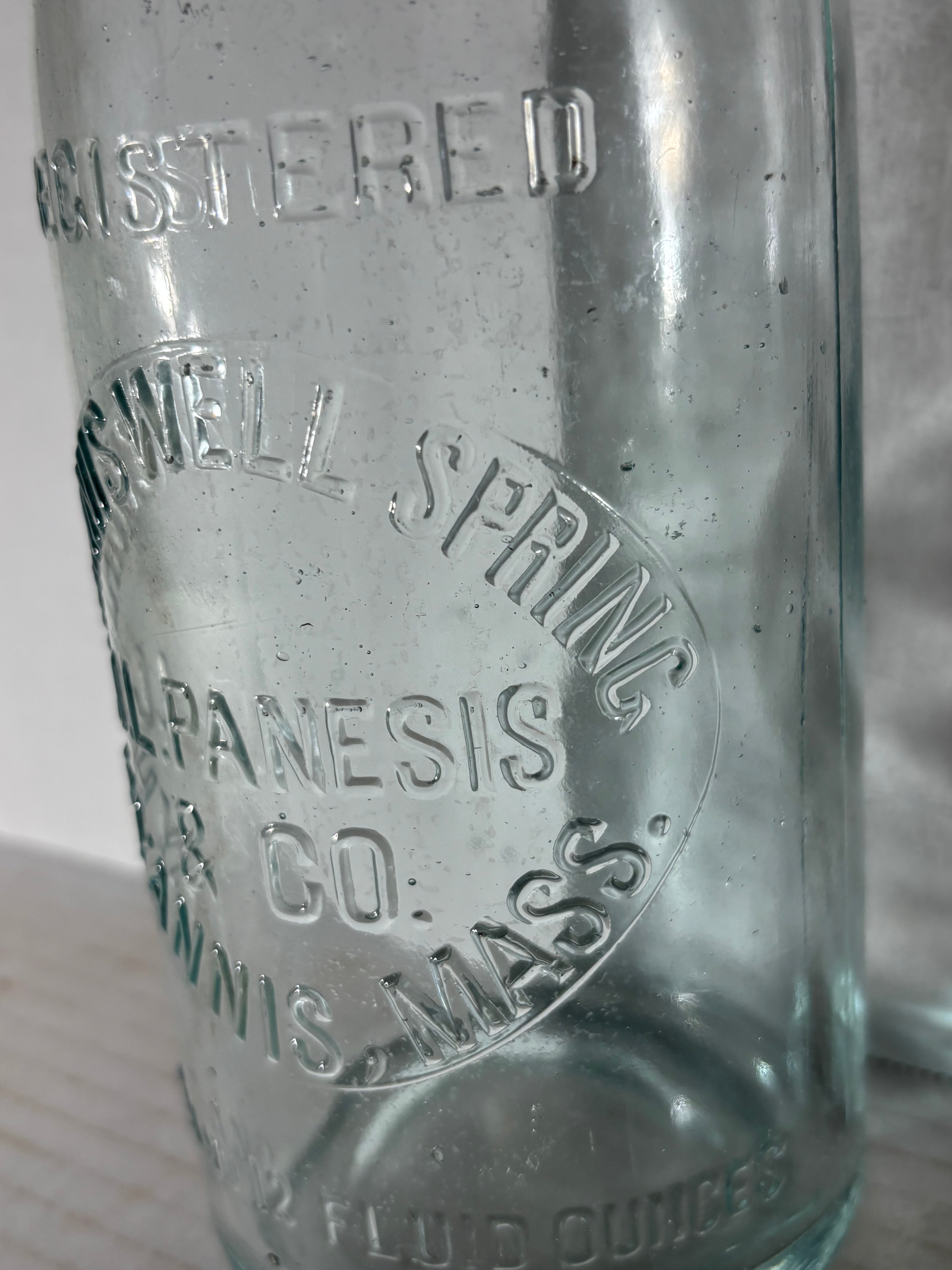 Rare Embossed Hyannis Well Spring Water Bottle
J. L. Panesis & Co., Hyannis, Massachusetts