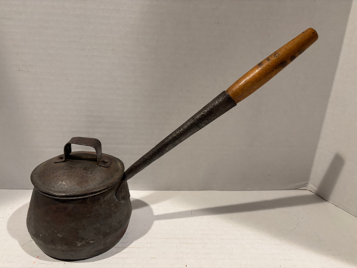 American Tinned Iron Covered Pipkin or Sauce Pot with Forged Handle American, circa 1840–1870.