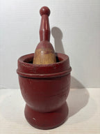 Exceptional Early New England Red-Painted Treenware Mortar and Pestle