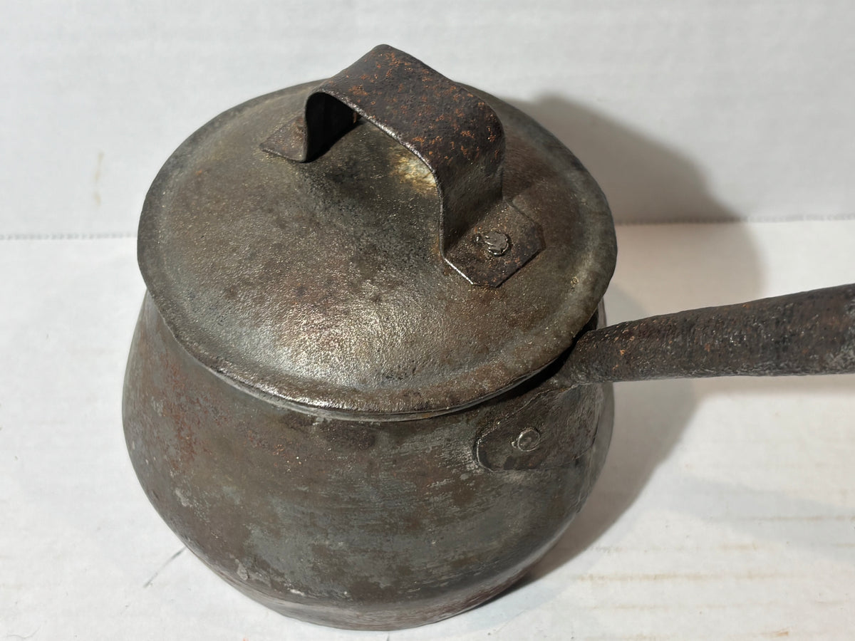American Tinned Iron Covered Pipkin or Sauce Pot with Forged Handle American, circa 1840–1870.