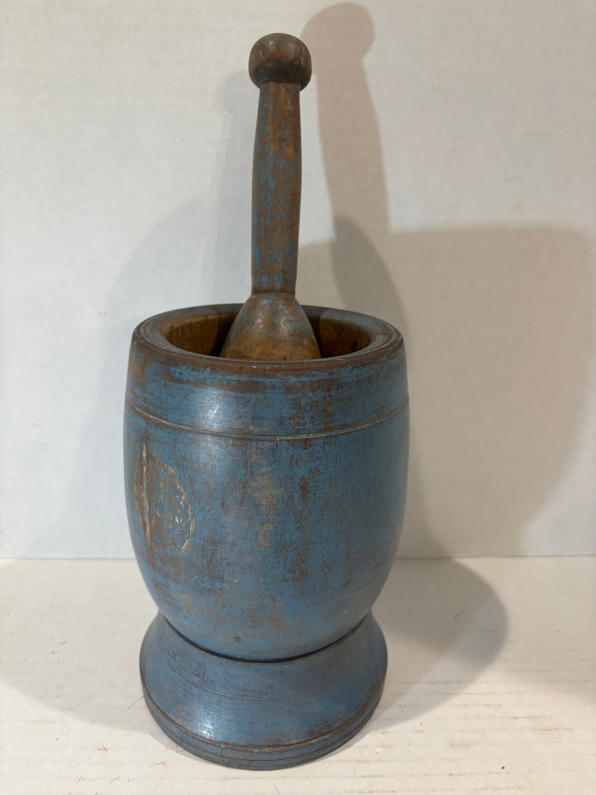 Exceptional Early American Blue-Painted Mortar and Pestle, Probably New England, c. 1820–1850.