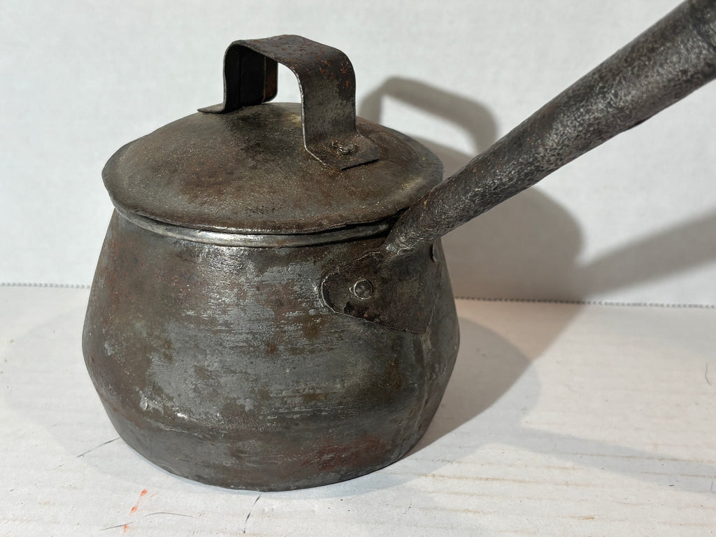 American Tinned Iron Covered Pipkin or Sauce Pot with Forged Handle American, circa 1840–1870.