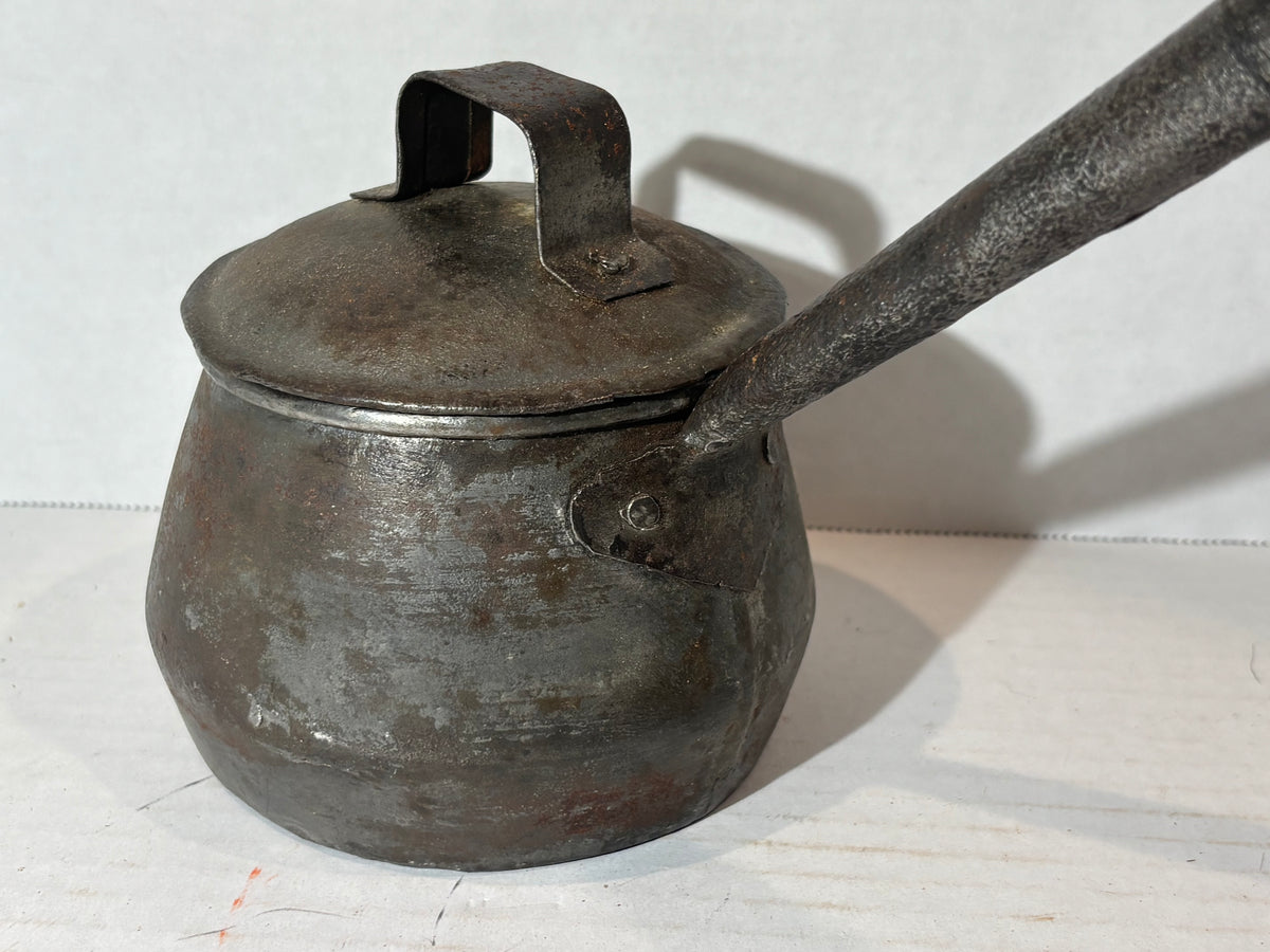 American Tinned Iron Covered Pipkin or Sauce Pot with Forged Handle American, circa 1840–1870.