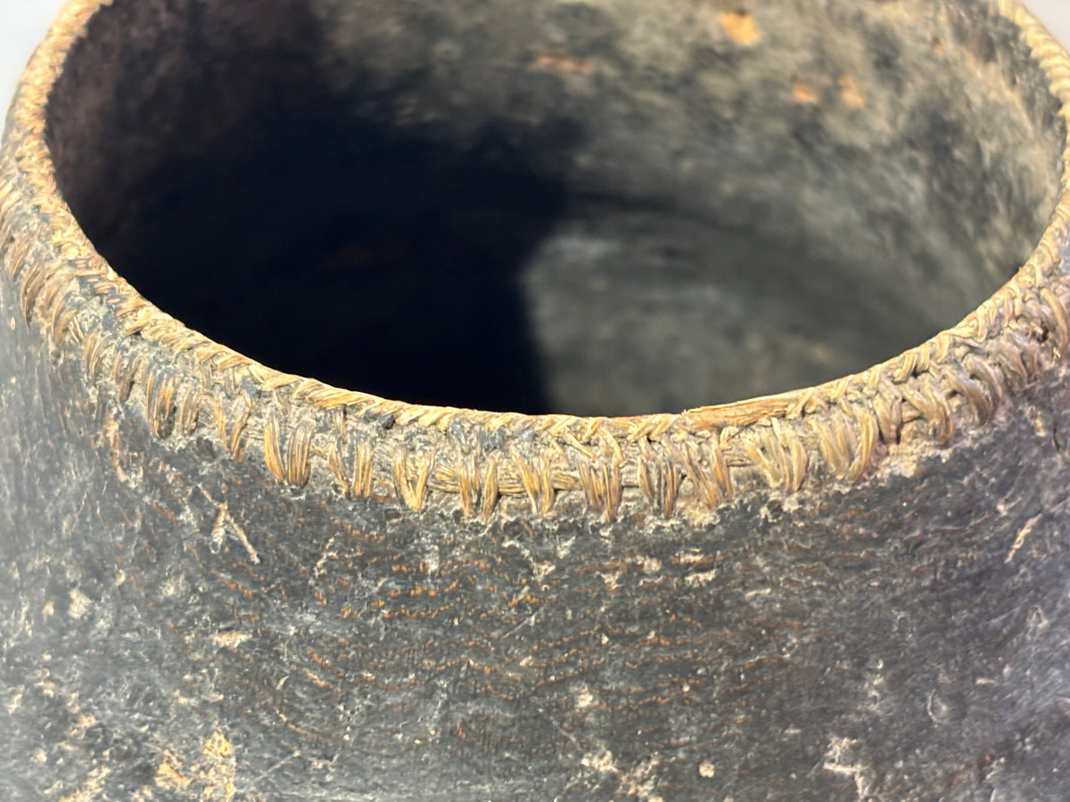 East African Carved & Fiber-Bound Wood Vessel