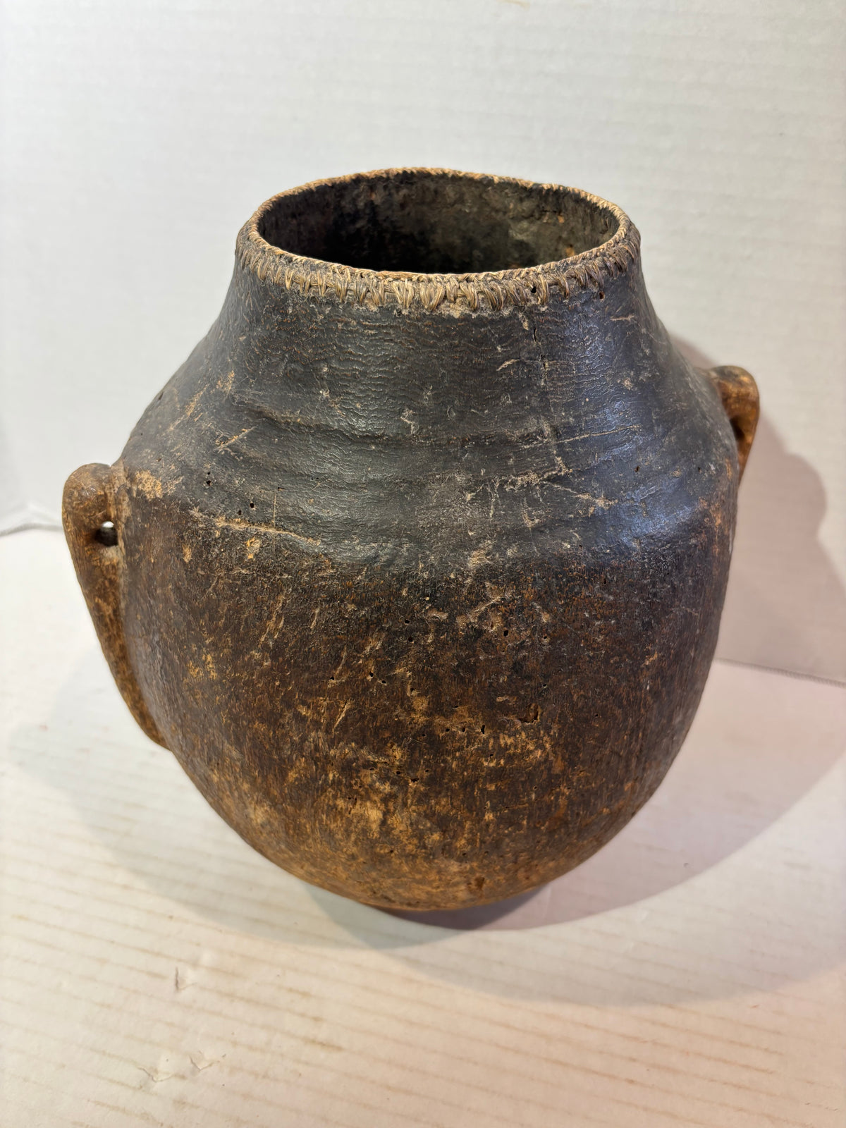 East African Carved & Fiber-Bound Wood Vessel
