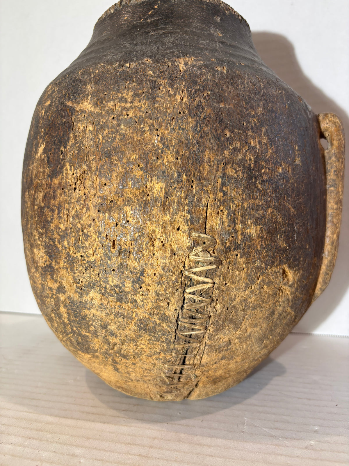 East African Carved & Fiber-Bound Wood Vessel