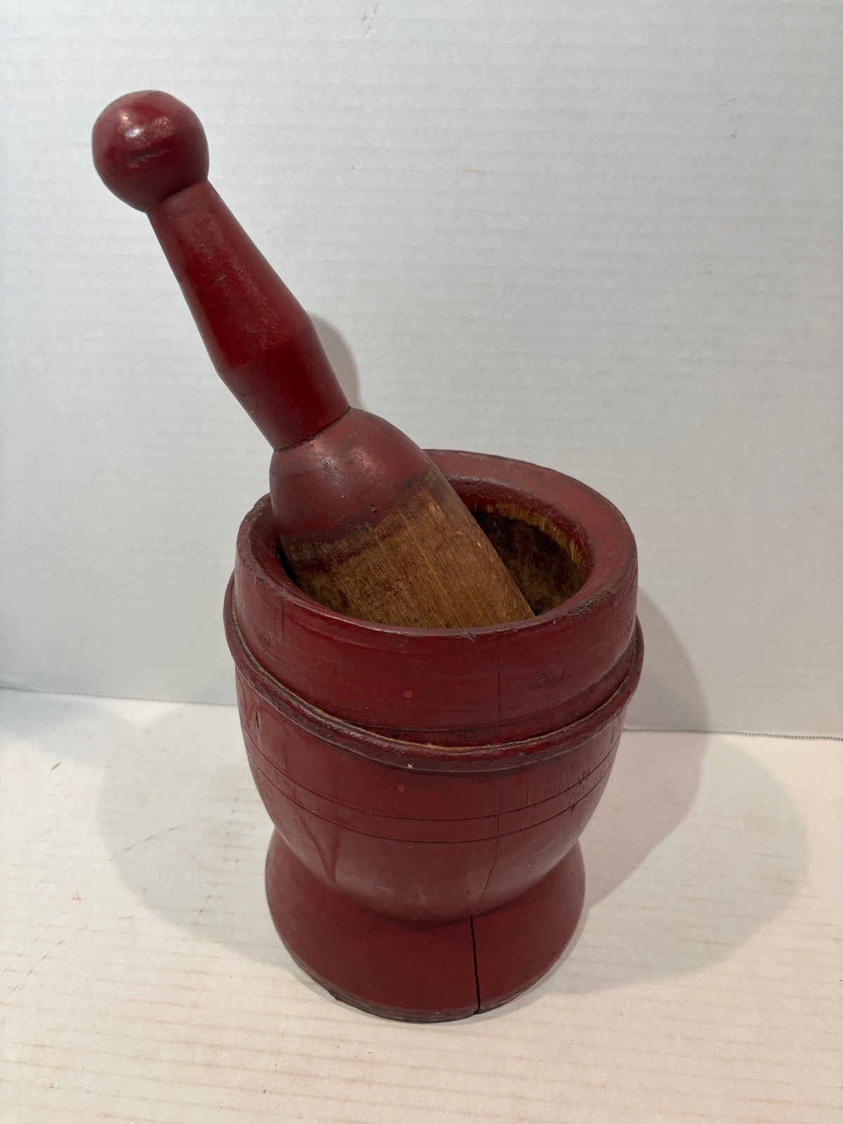 Exceptional Early New England Red-Painted Treenware Mortar and Pestle